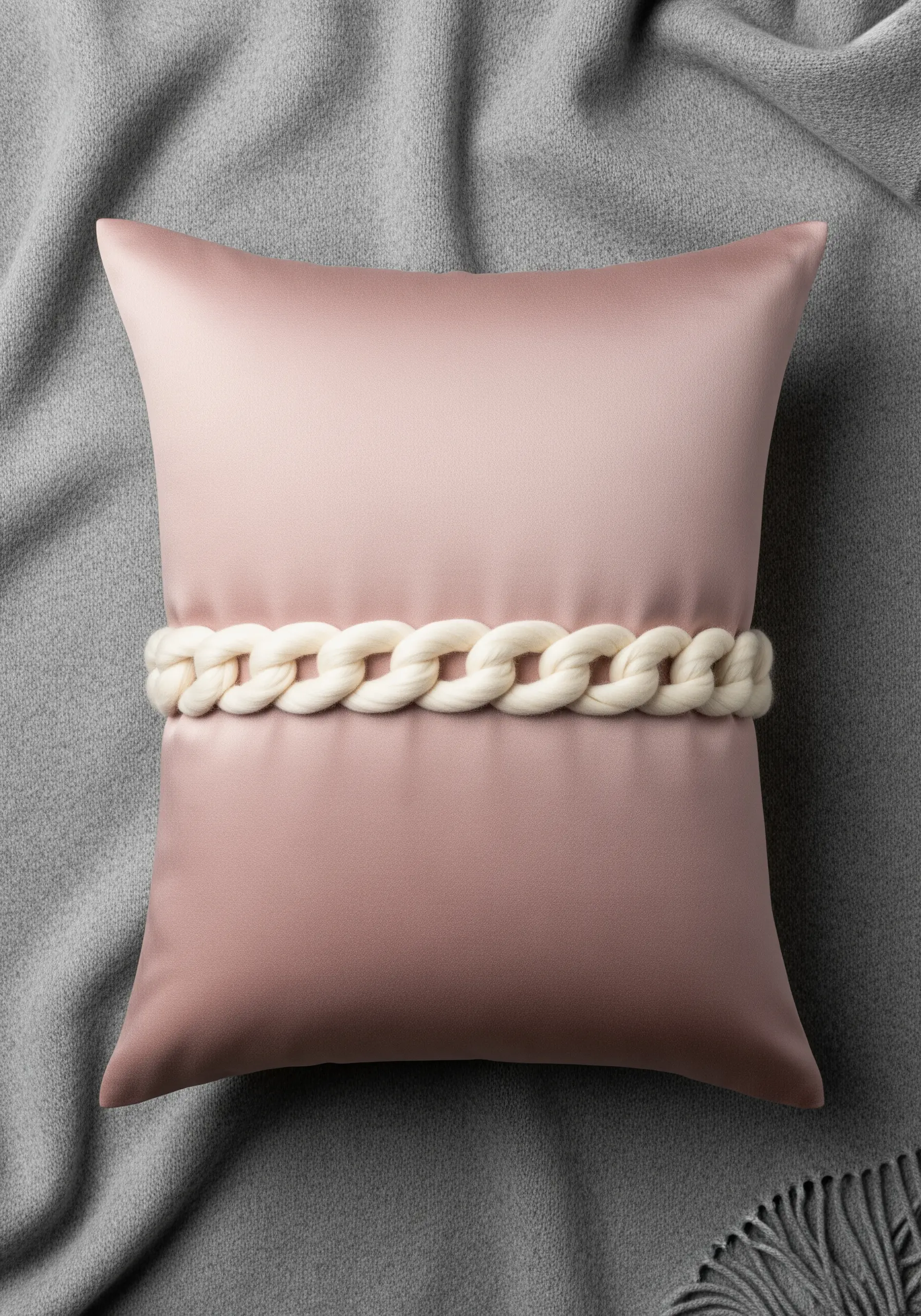 A smooth pink satin pillow with a bold, chunky white knitted chain wrapped around its center.