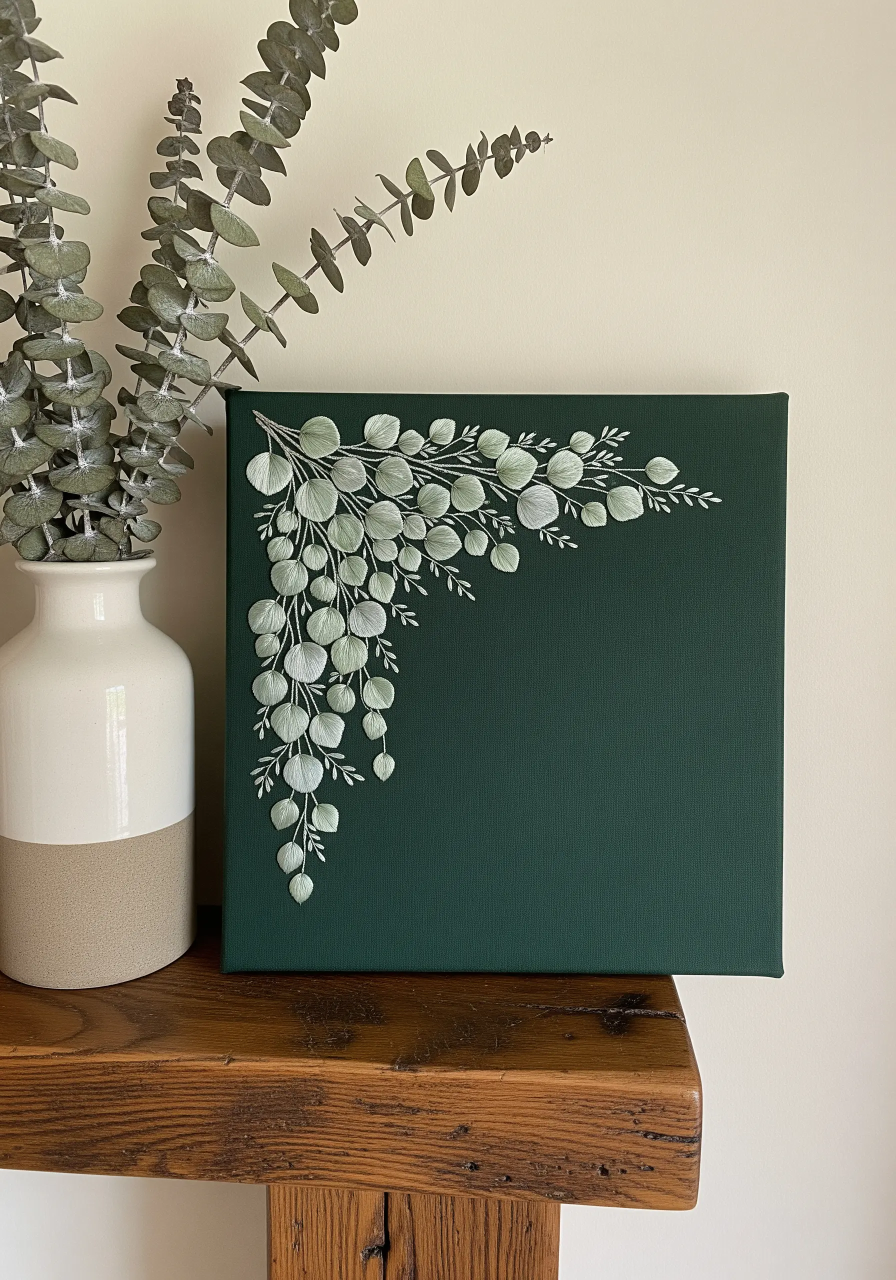 White embroidered eucalyptus leaves on a dark green canvas, creating high contrast.