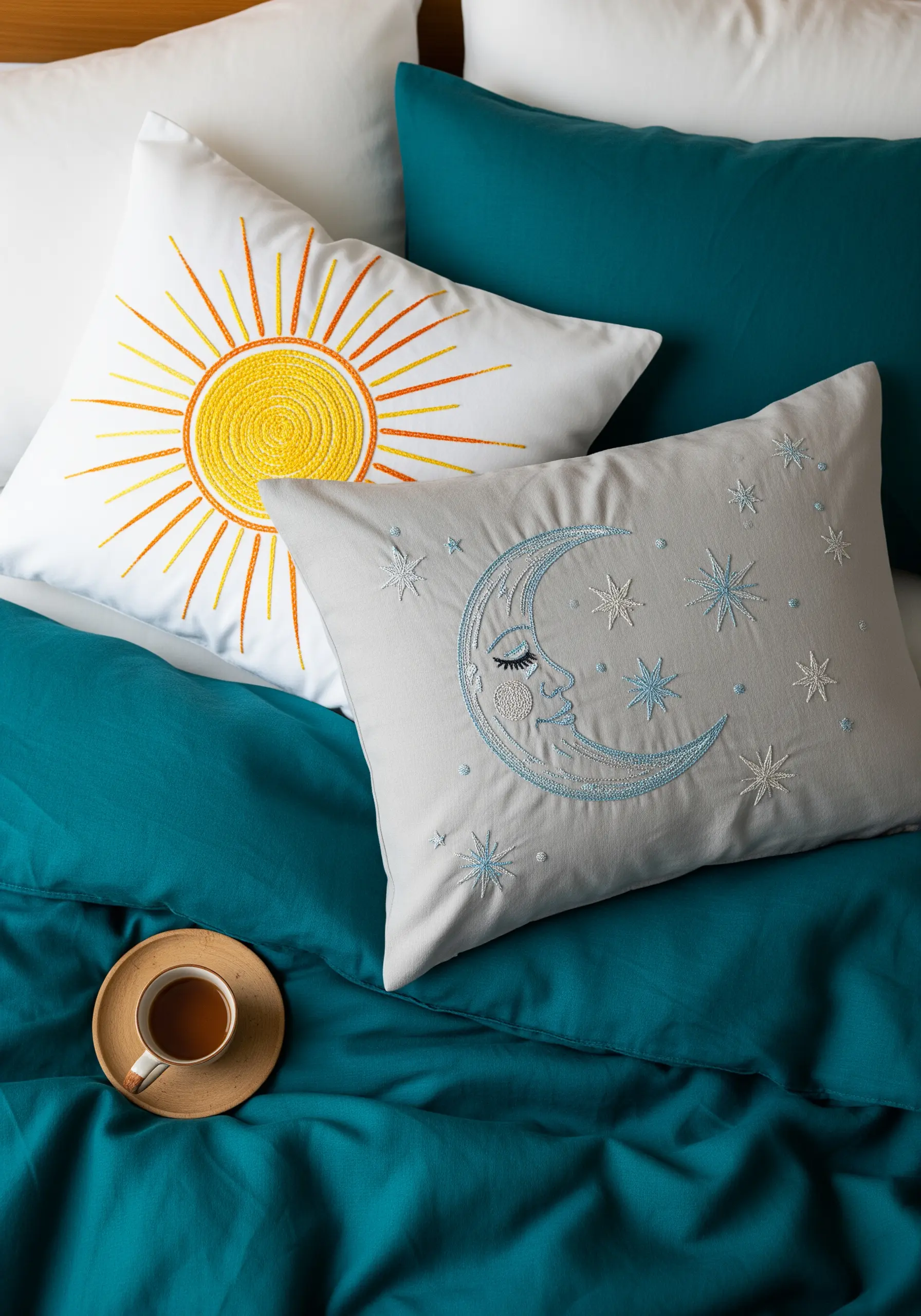 Two pillows, one with an embroidered yellow sun and another with a serene blue moon and stars.