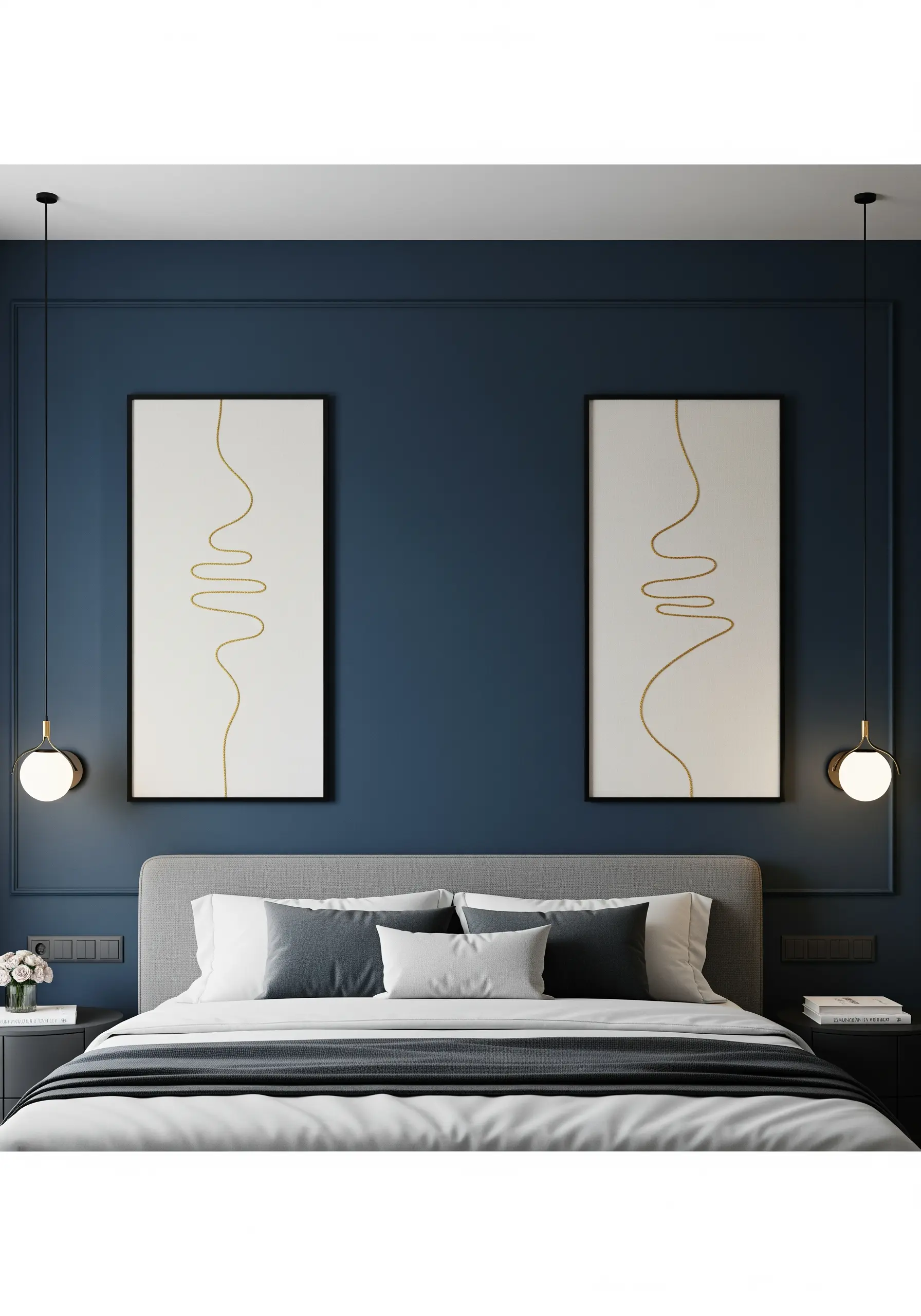 A pair of minimalist framed embroideries, each showing a single, curving gold line.