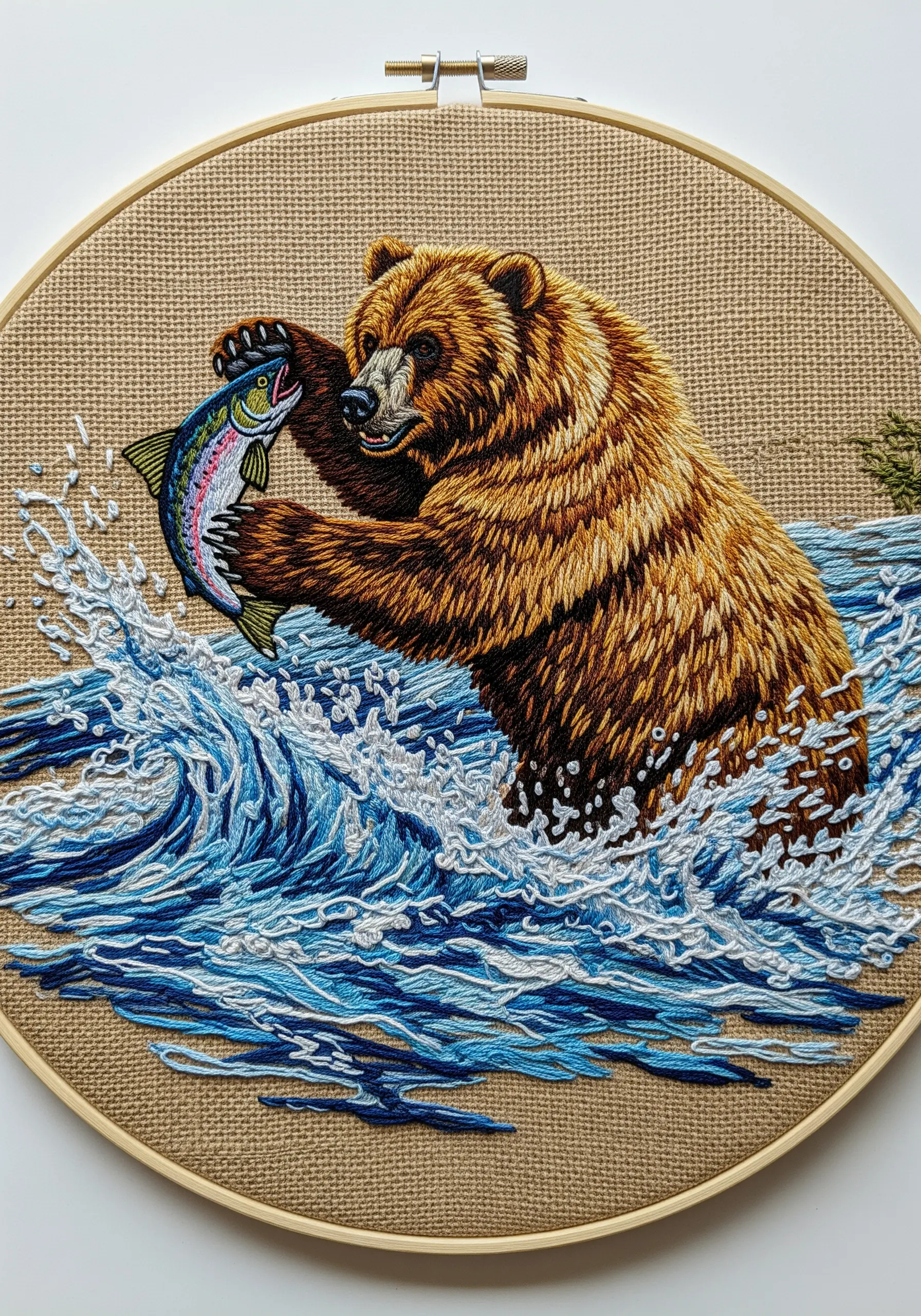 Embroidery of a grizzly bear catching a fish, with expressive stitches for splashing water.