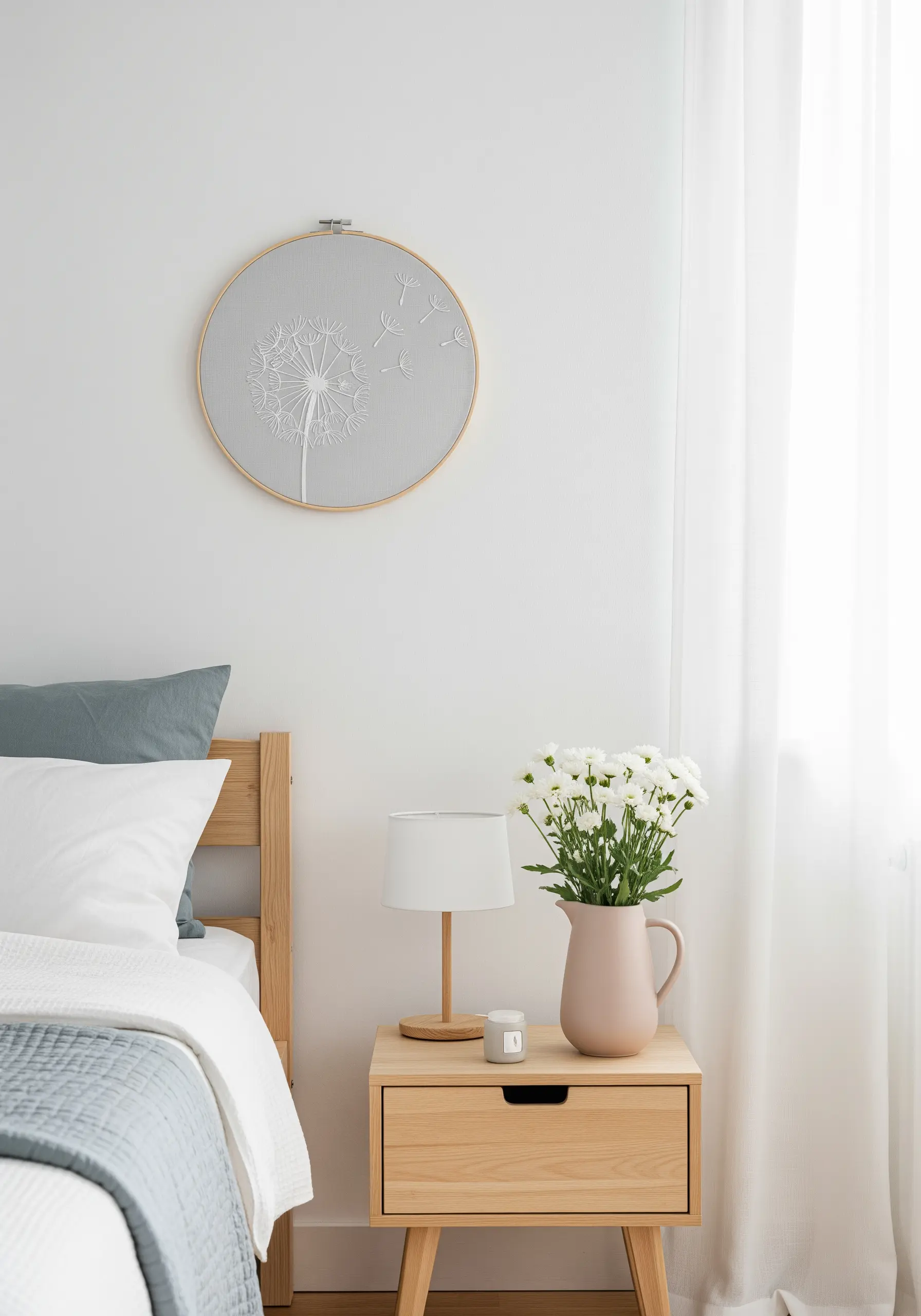 Embroidery hoop on a gray fabric showing a dandelion with seeds blowing away in the wind.
