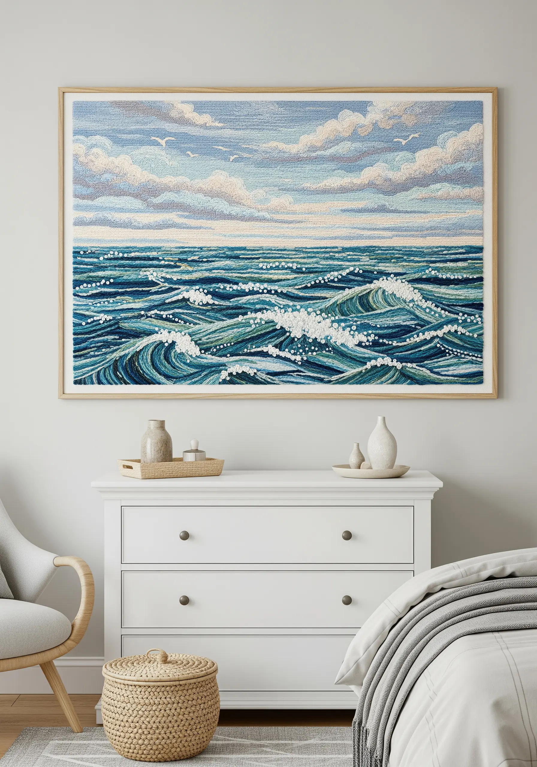 Large framed embroidery of a dramatic ocean wave scene hanging in a bedroom.