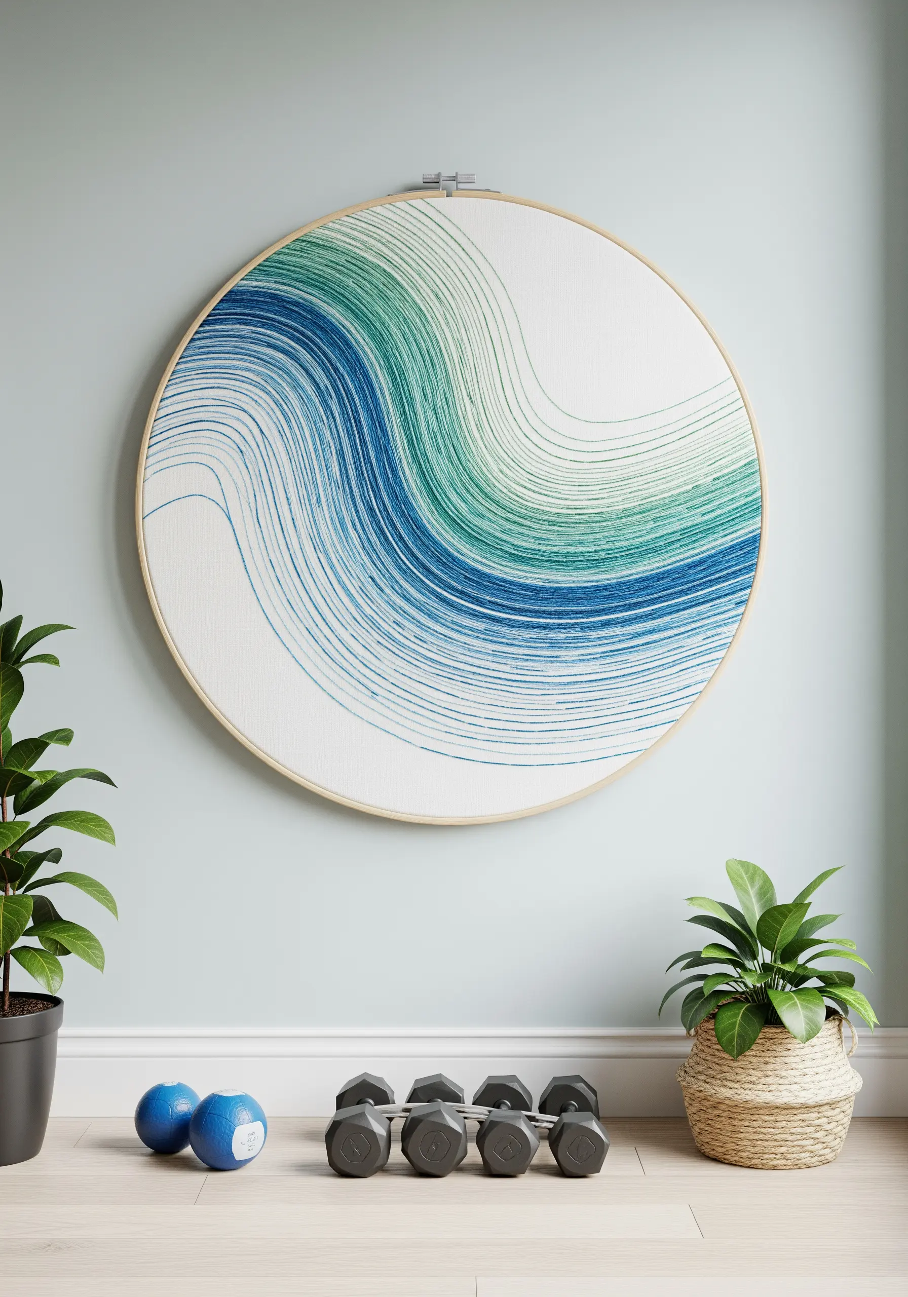 A minimalist embroidery design of flowing, wavy lines in shades of blue and green.