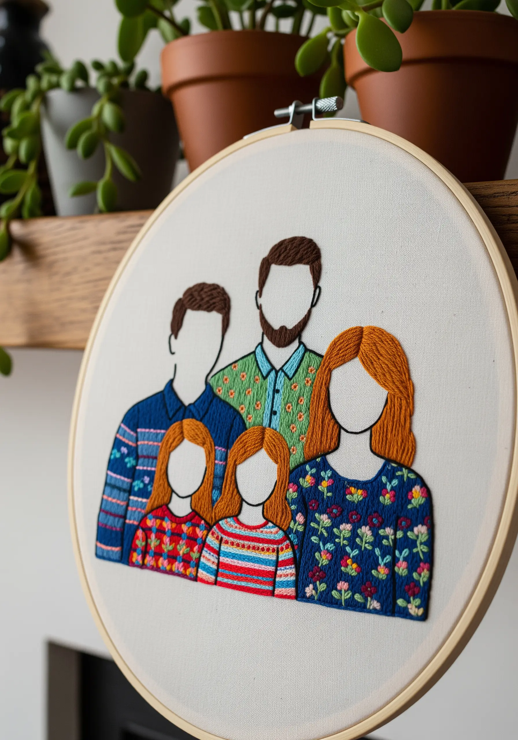 A faceless embroidered family portrait where personality is shown through colorful patterned clothing.