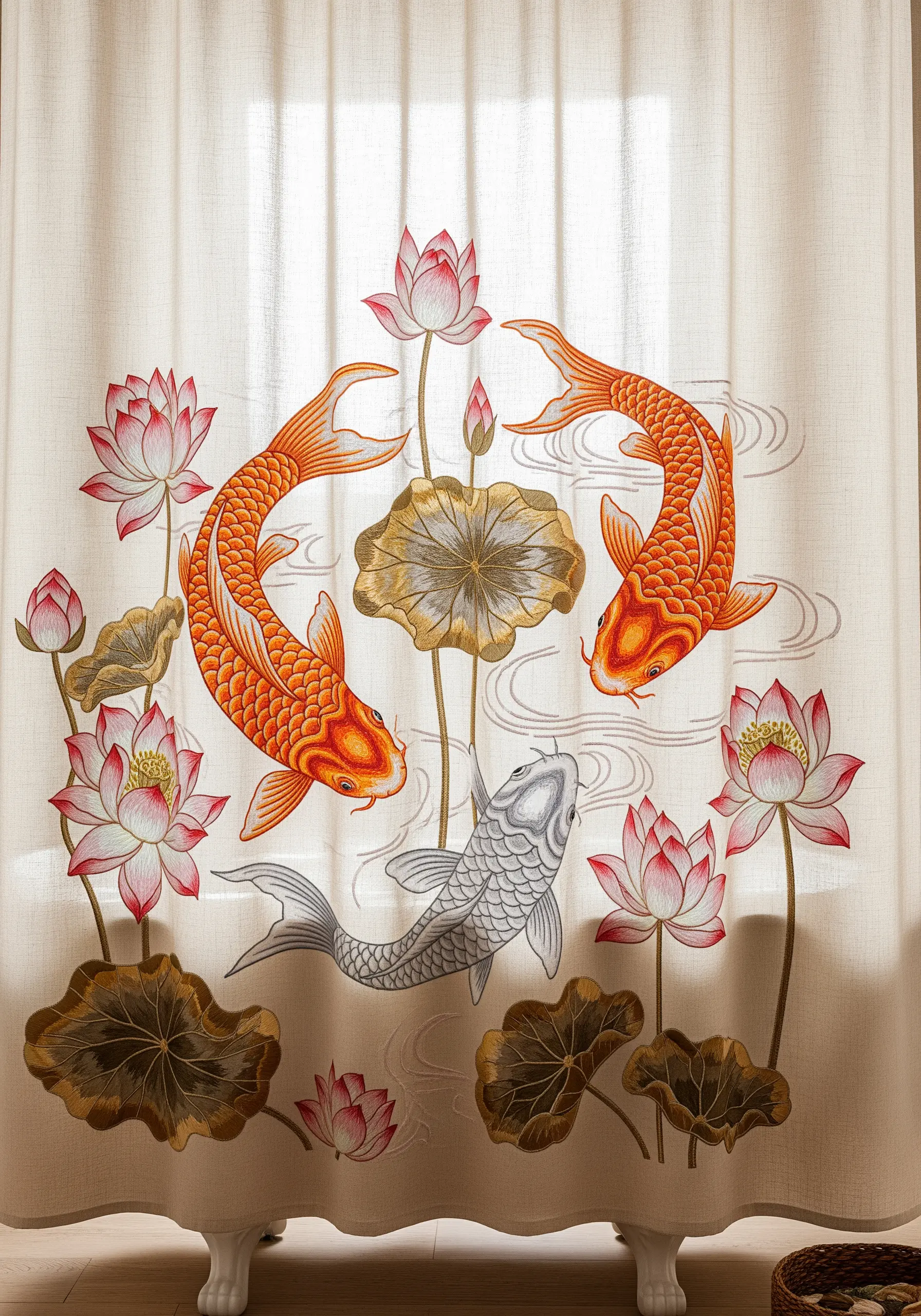 A shower curtain with embroidered koi fish, lotus flowers, and water ripples.