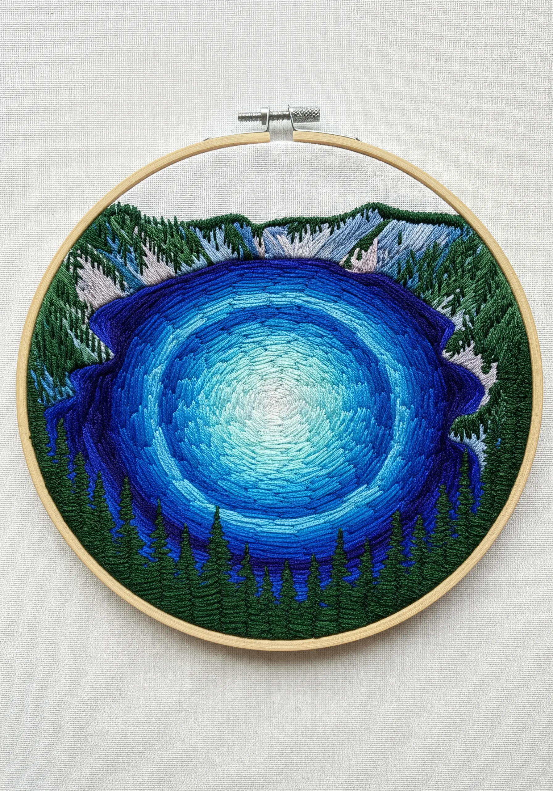 Embroidery of Crater Lake with concentric circles of blue thread creating a sense of depth.