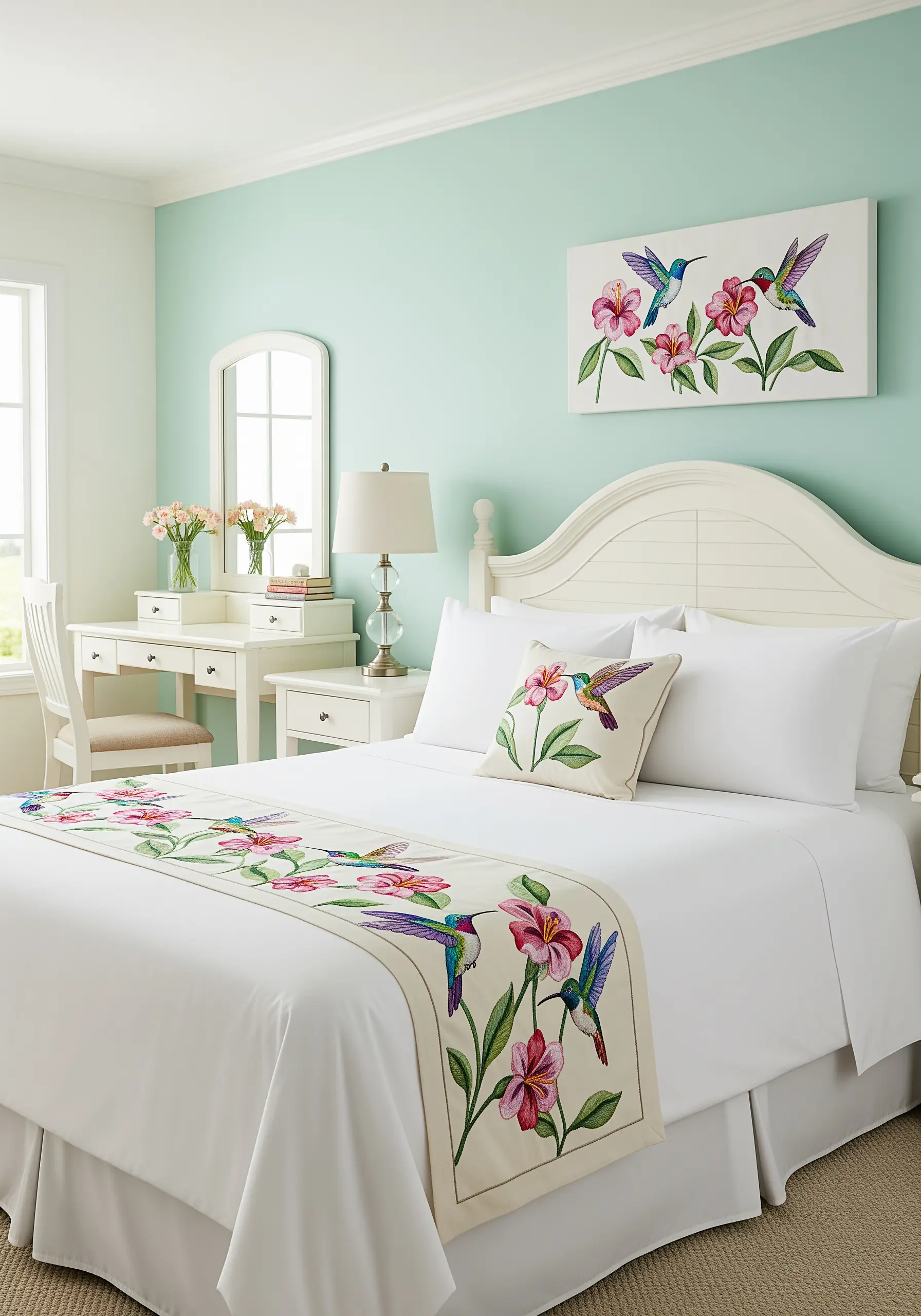 A bedroom decorated with a coordinated set of hummingbird and flower embroidery.