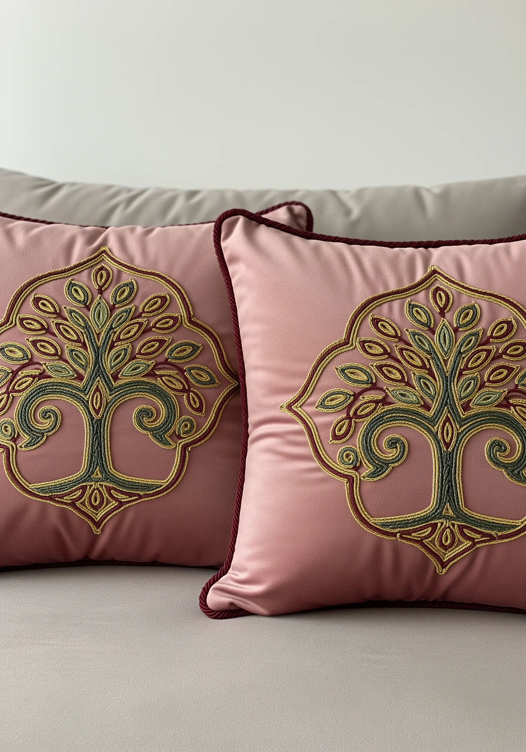 Tree of Life motif with raised, couched cord outlines on a pink satin cushion