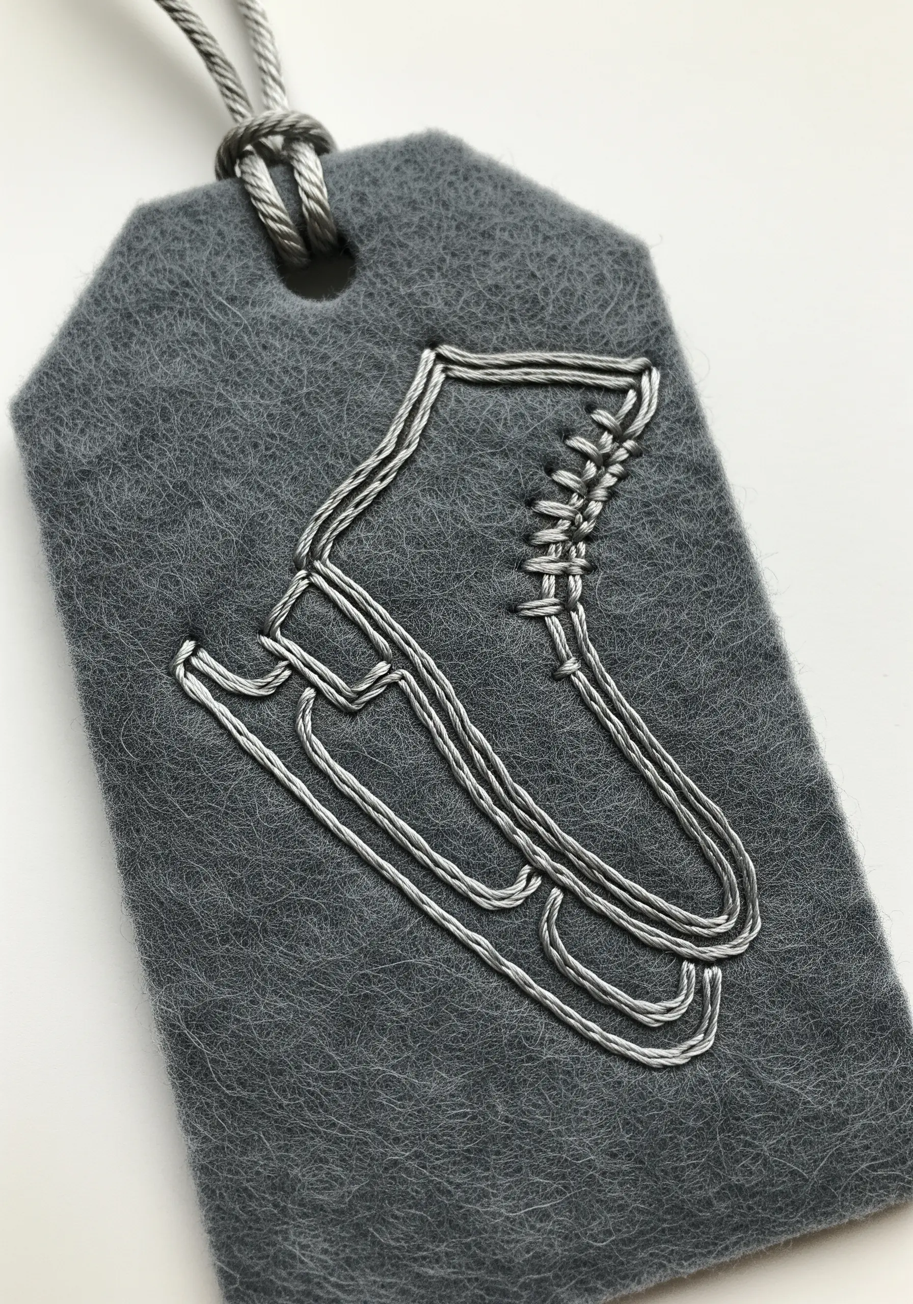 An ice skate outlined in couched silver metallic thread on a grey felt tag.