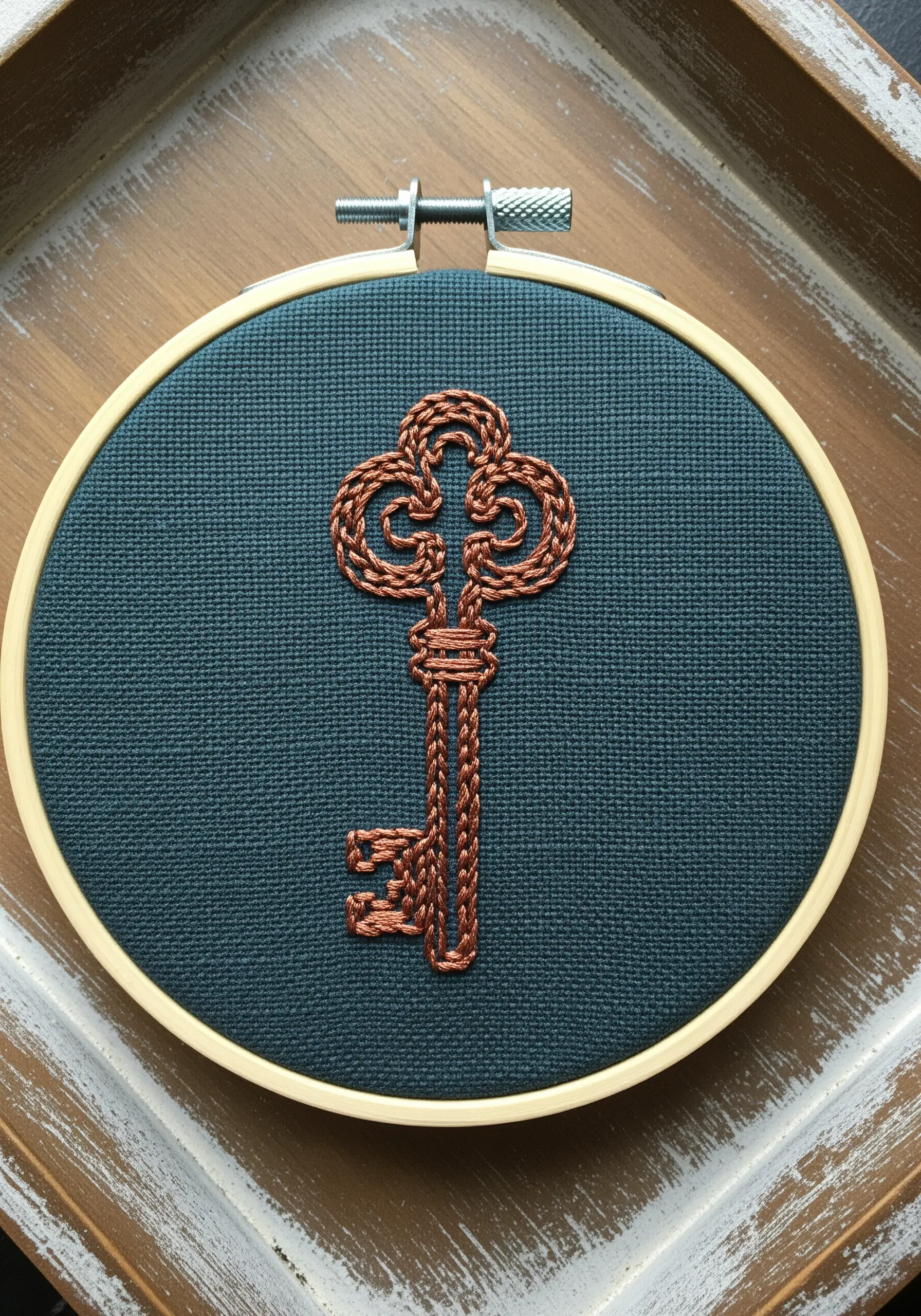 An ornate antique key stitched with a shiny, copper-colored metallic thread on dark fabric.