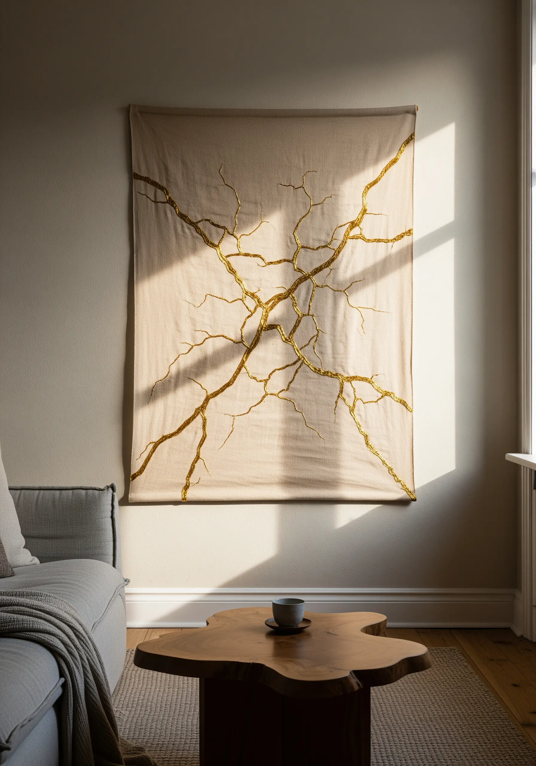 A large beige wall hanging with thick, gold embroidered branches resembling kintsugi cracks.