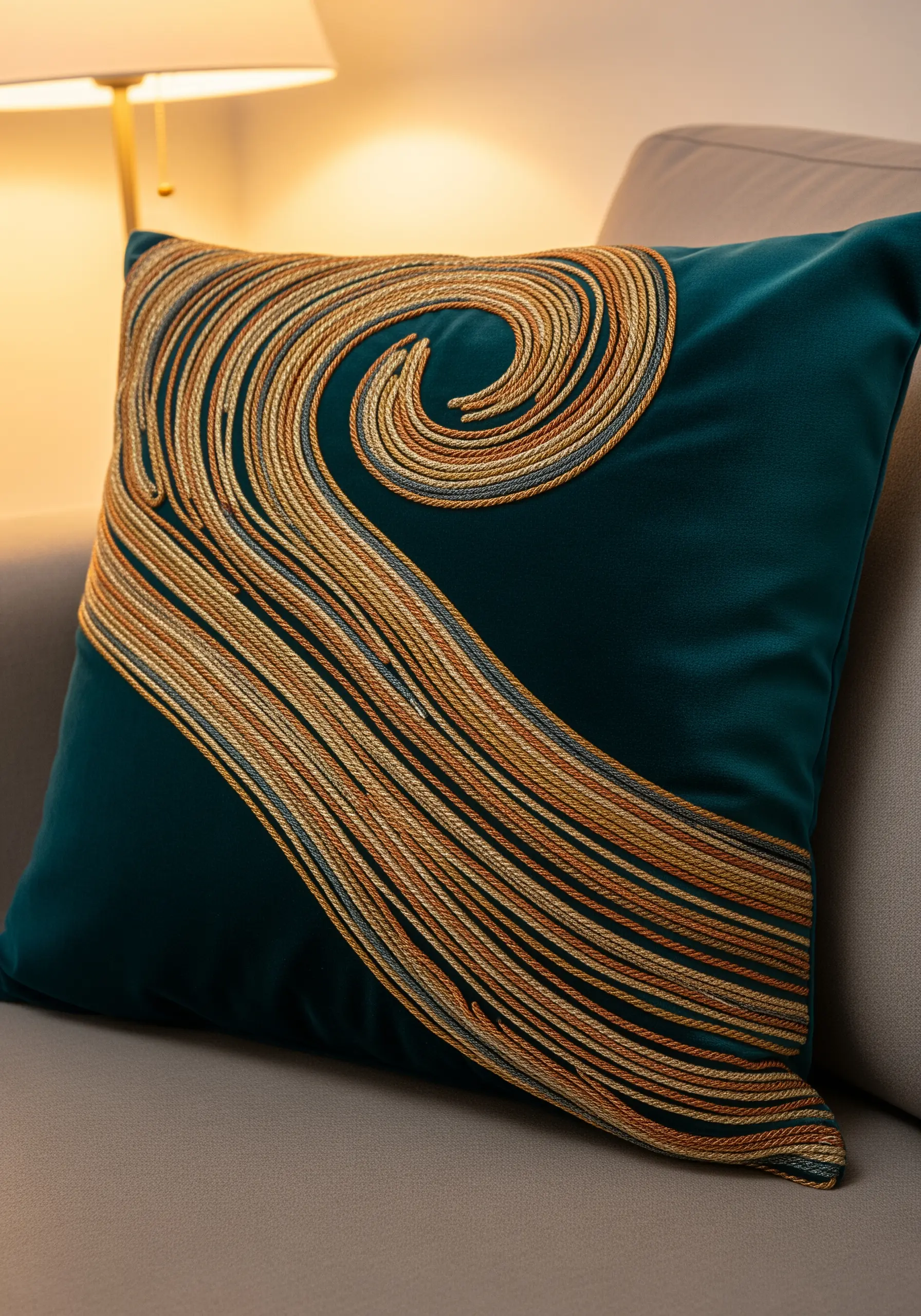 Gold and multi-tonal cord couched into a large swirl on a teal velvet pillow.