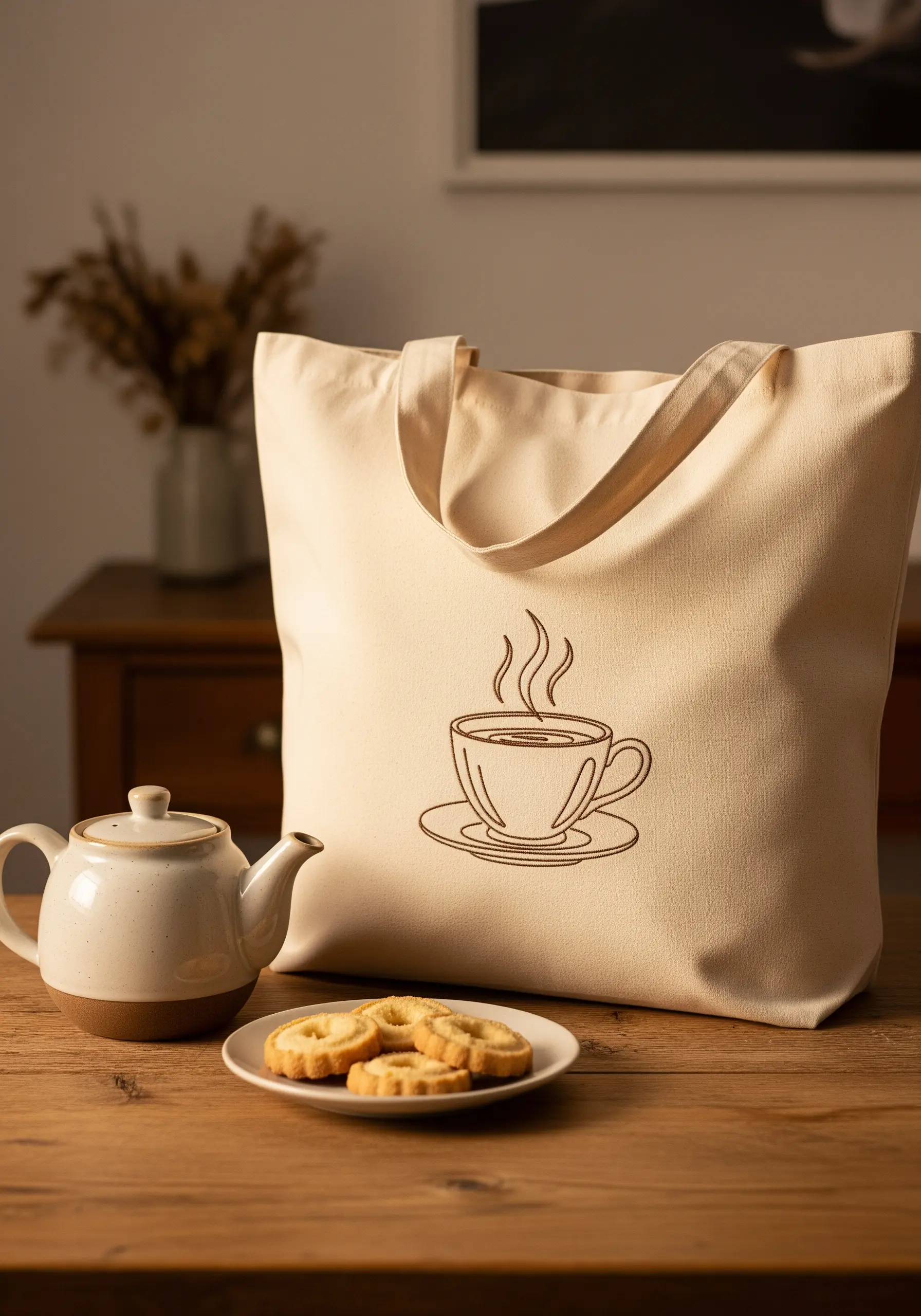 A simple line art coffee cup with steam embroidered on a natural canvas tote.