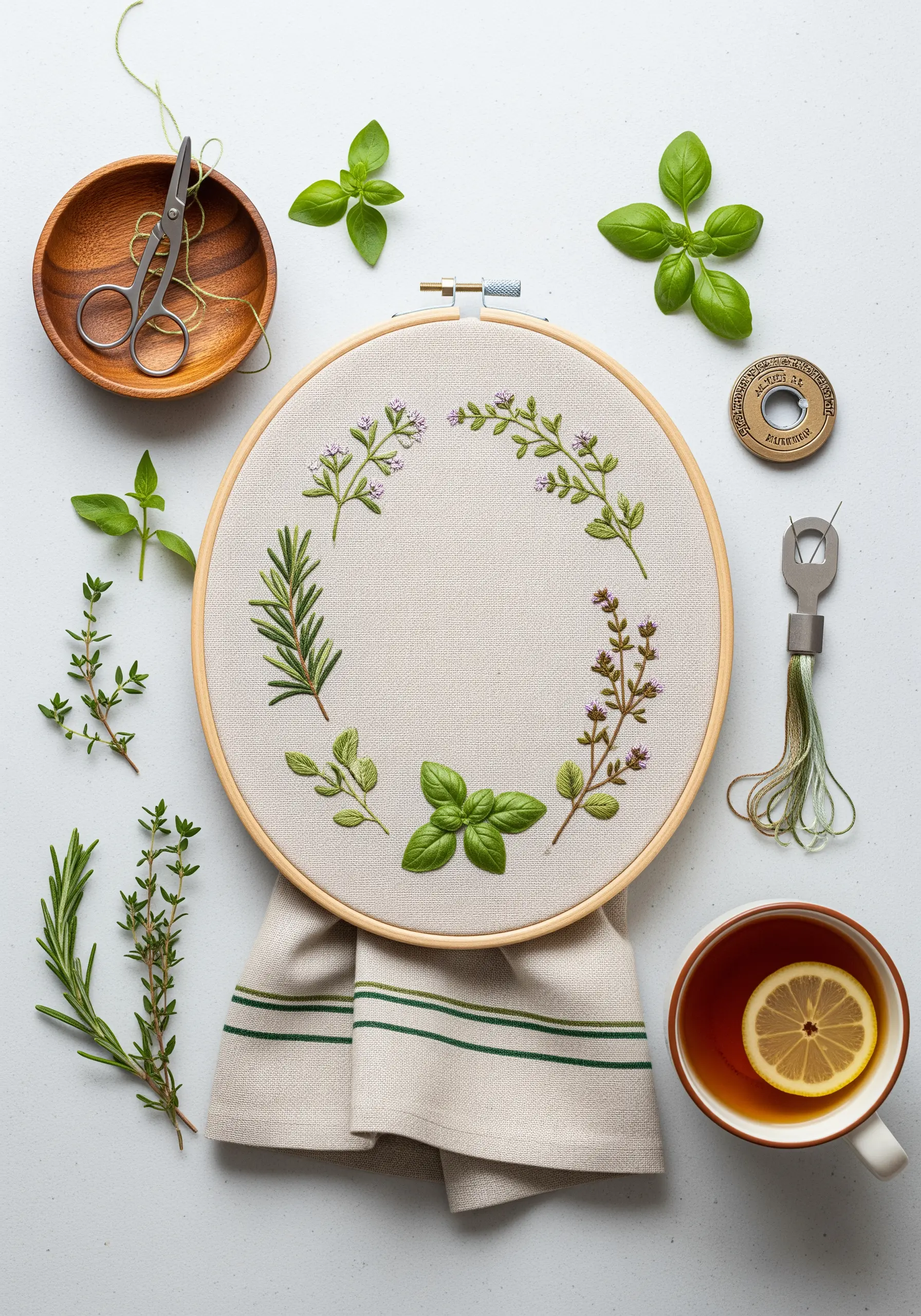 An embroidered wreath of fresh herbs like rosemary, basil, and thyme on light linen fabric.