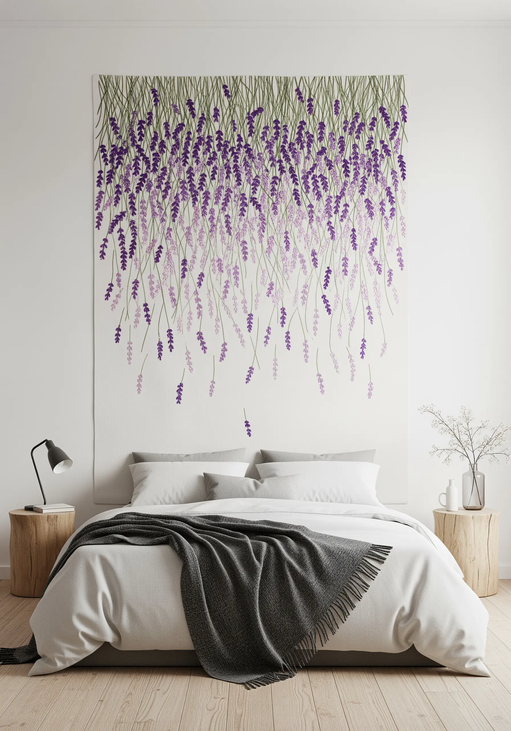 A large wall tapestry featuring a cascade of embroidered lavender fading from top to bottom.