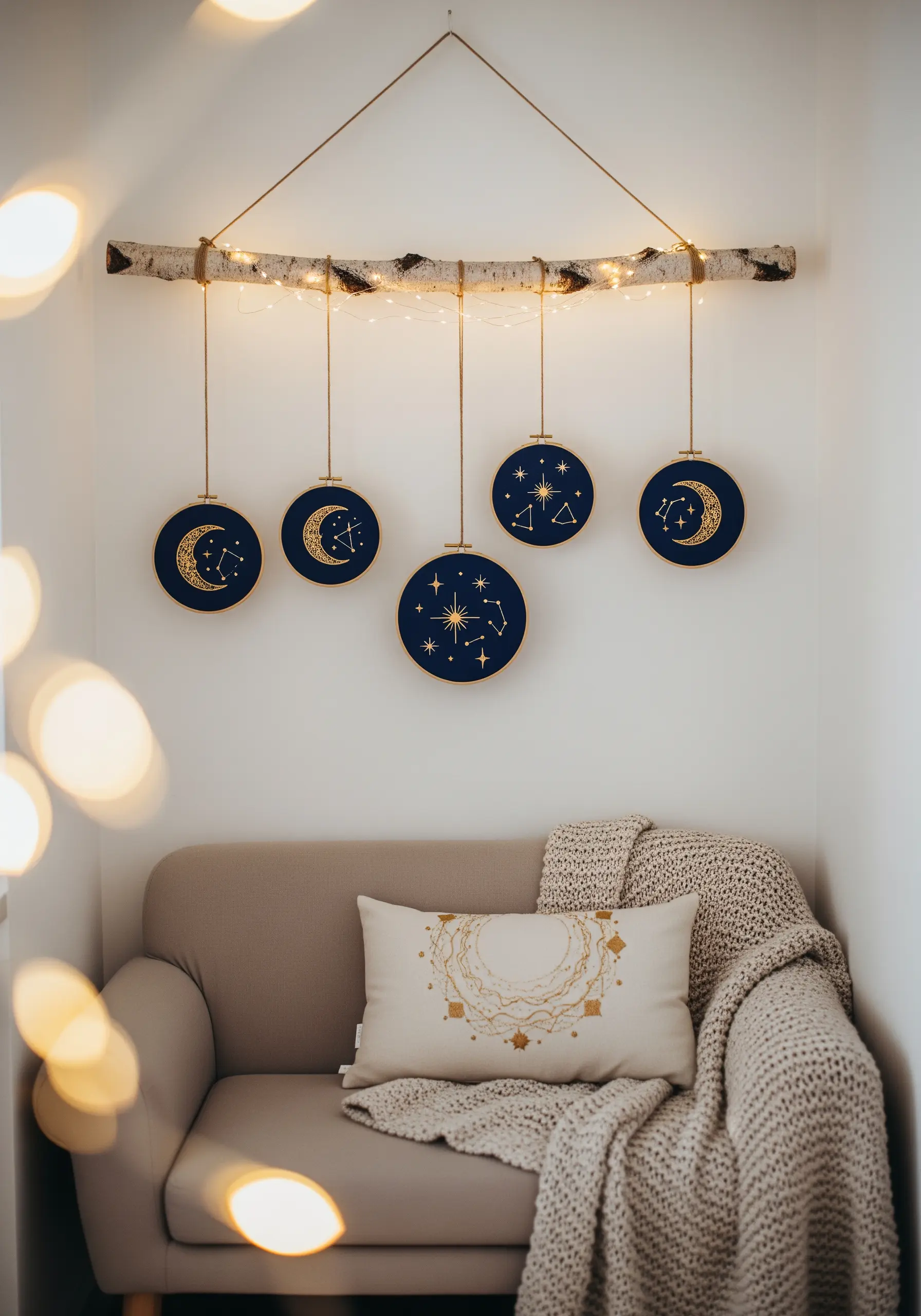 Celestial embroidery hoops with moons and stars hanging from a birch branch with fairy lights.