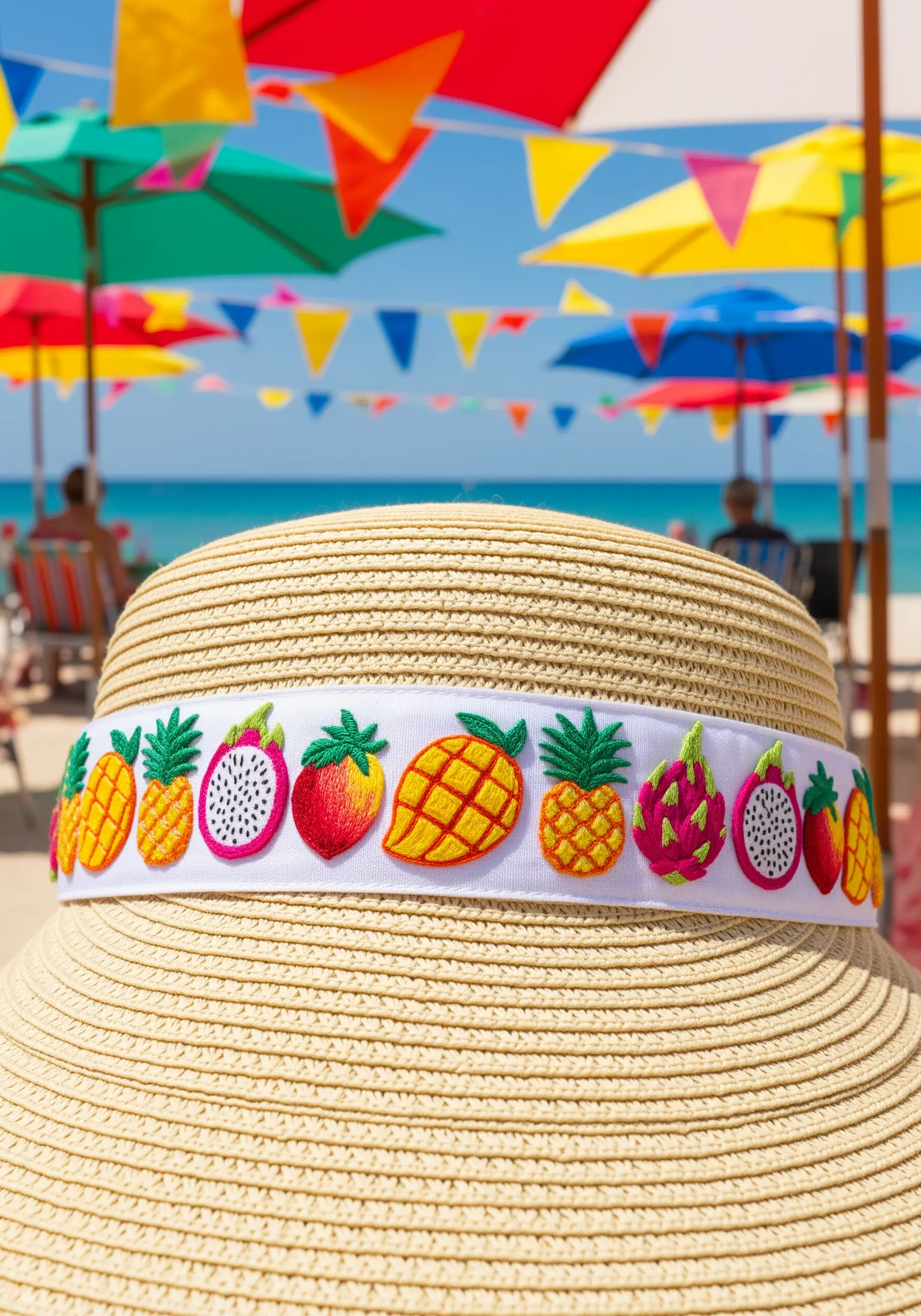 A colorful band of embroidered tropical fruits like pineapple, dragon fruit, and strawberry on a hat.