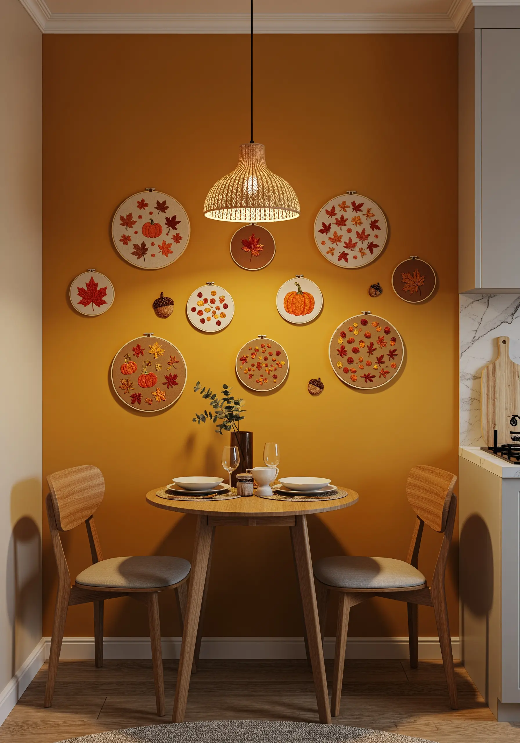 A collection of autumn-themed embroidery hoops with maple leaves, pumpkins, and acorns.