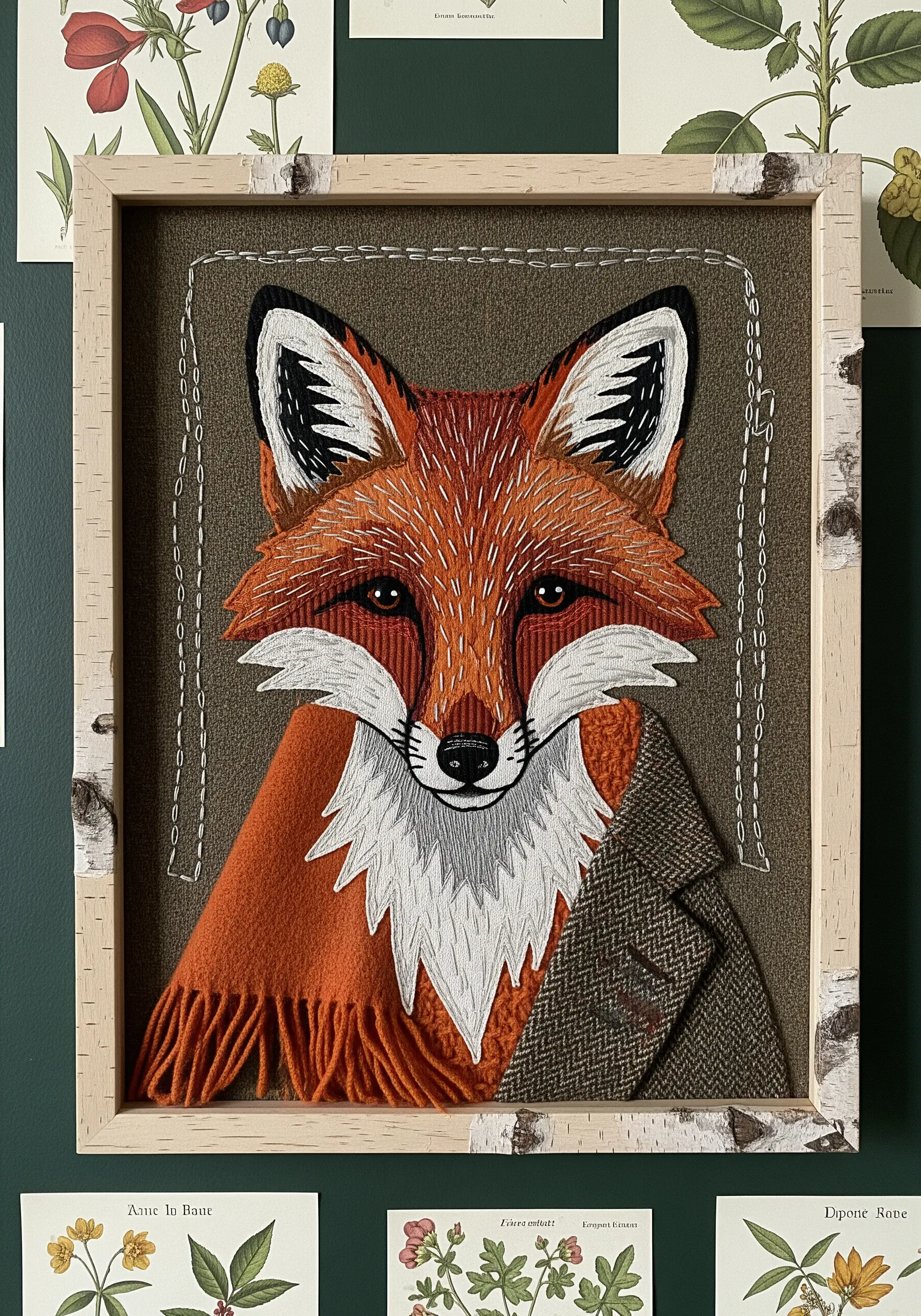 A fabric and thread collage of a fox wearing a tweed jacket and flannel scarf.