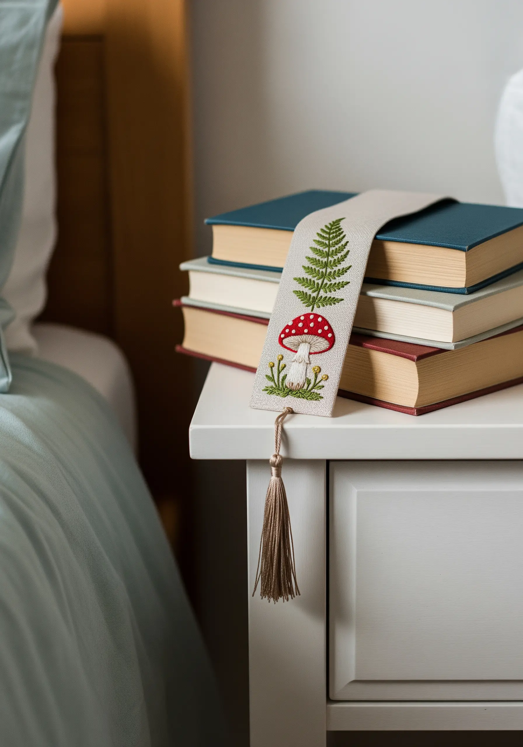 An embroidered bookmark with a red-capped mushroom and a green fern, resting on a stack of books.