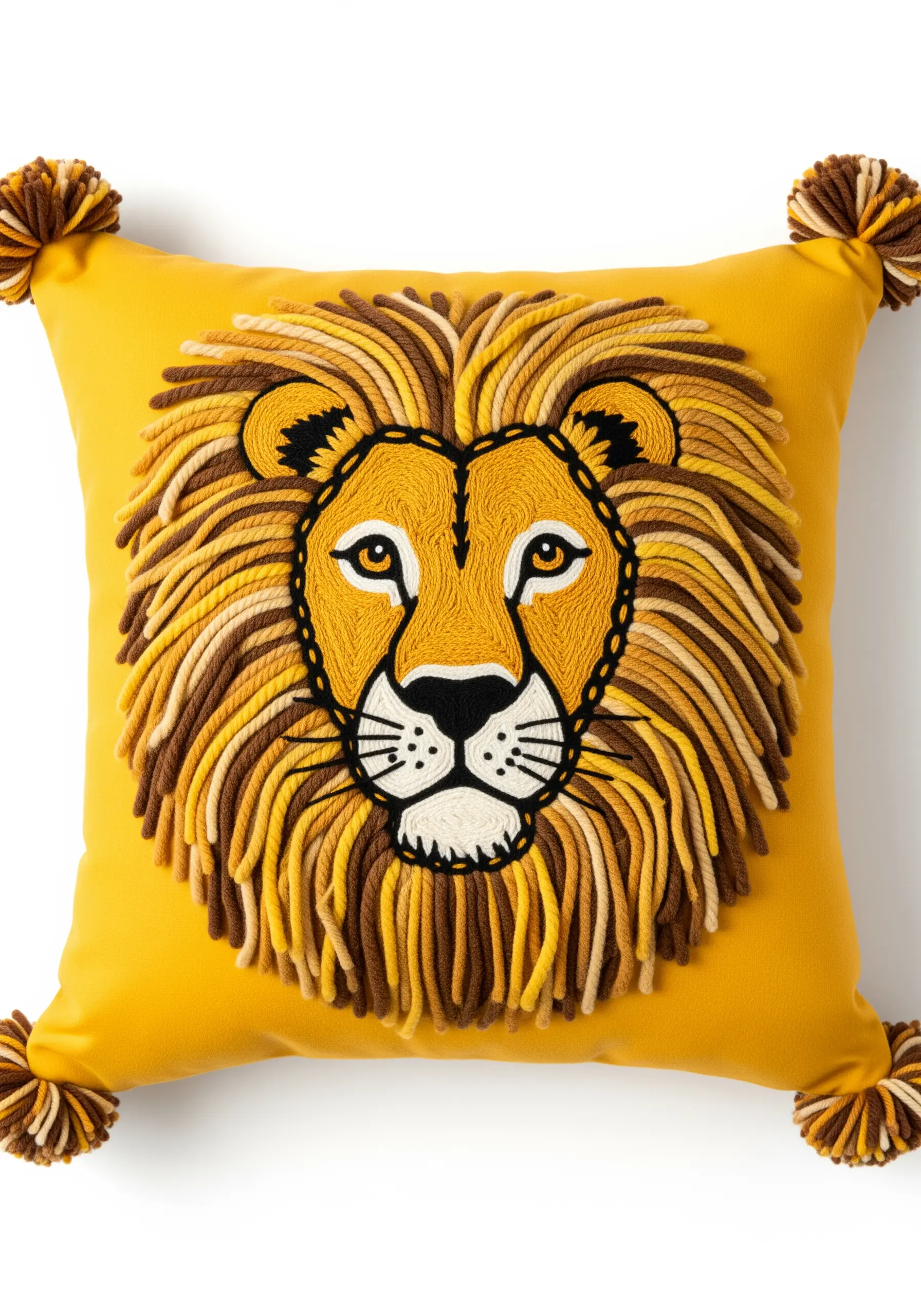 Lion face embroidery with a dimensional, looped yarn mane in shades of gold and brown.