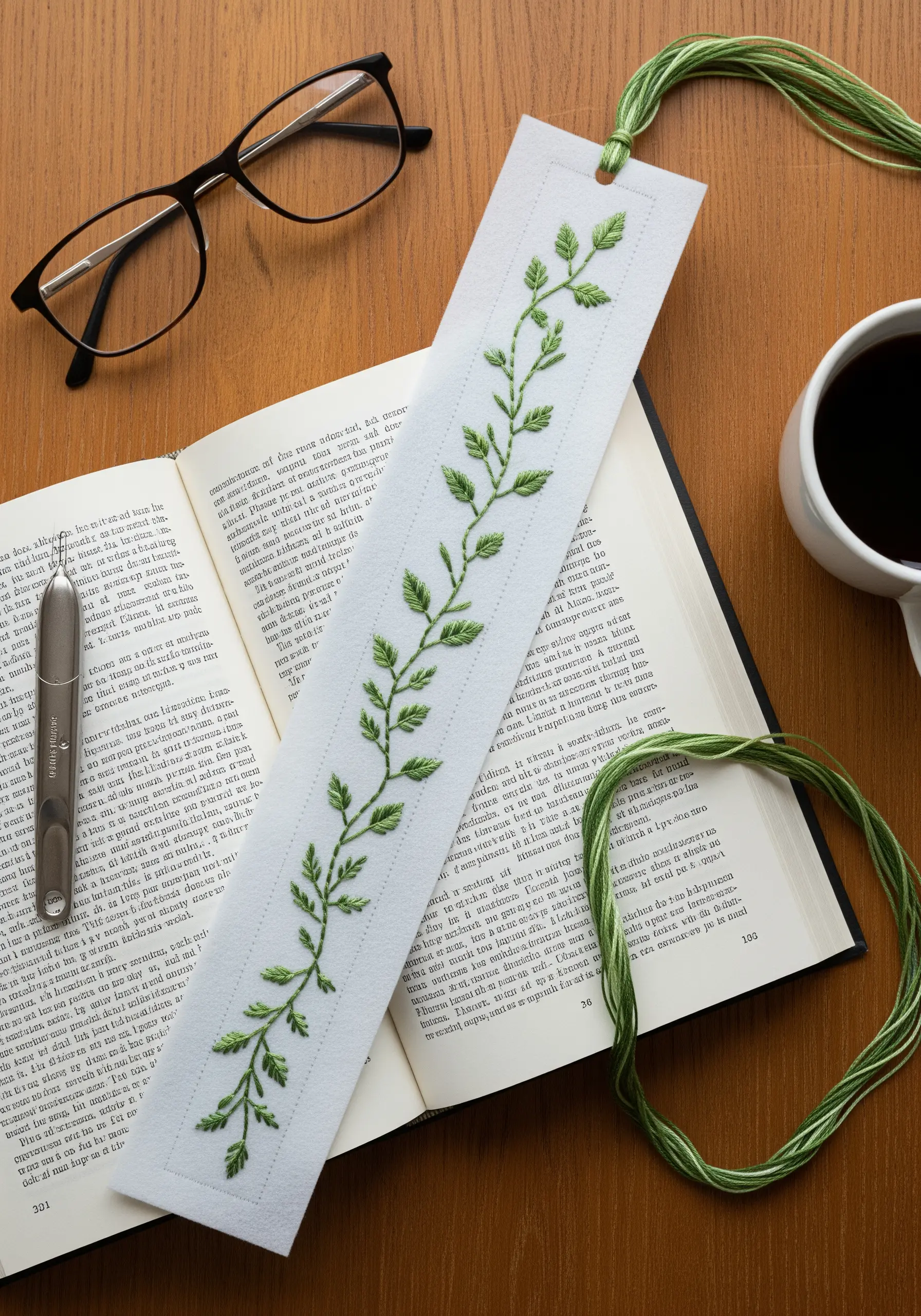 A hand-embroidered bookmark with a delicate green vine motif resting on an open book.