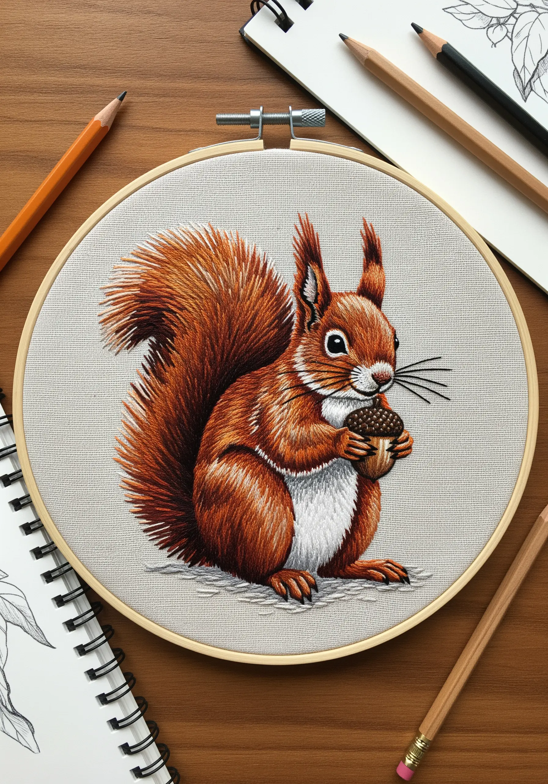 An embroidered squirrel with a large, fluffy tail created using the turkey work stitch.