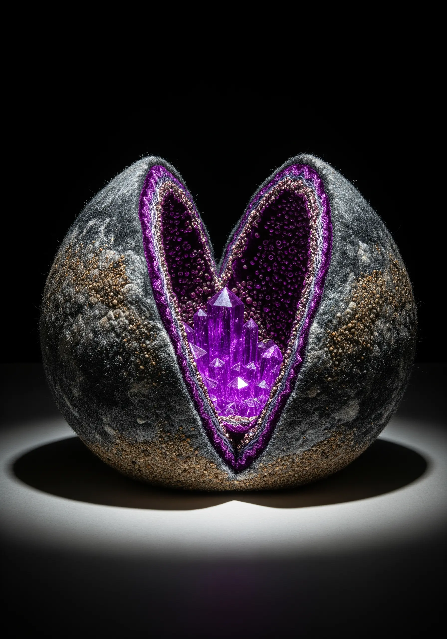 A felted rock-like sculpture opened to reveal a sparkling purple crystal geode interior.
