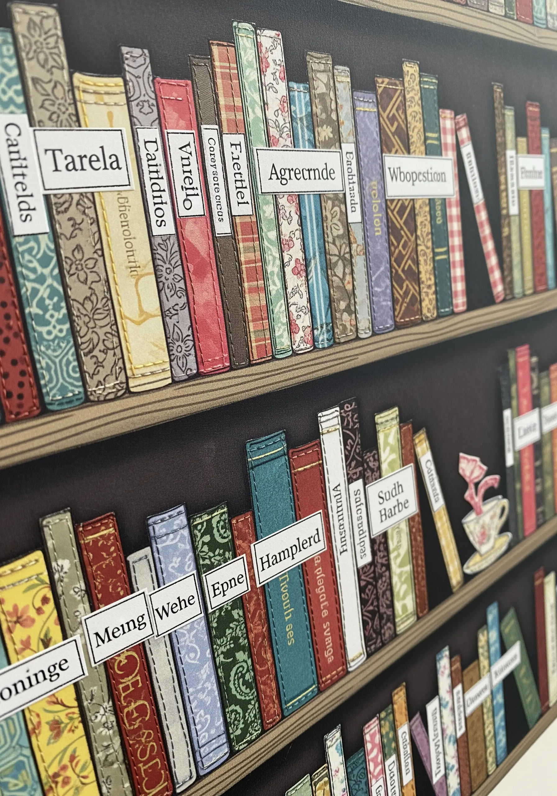 A detailed collage of a bookshelf, with book covers made from various patterned fabrics and stitched edges.