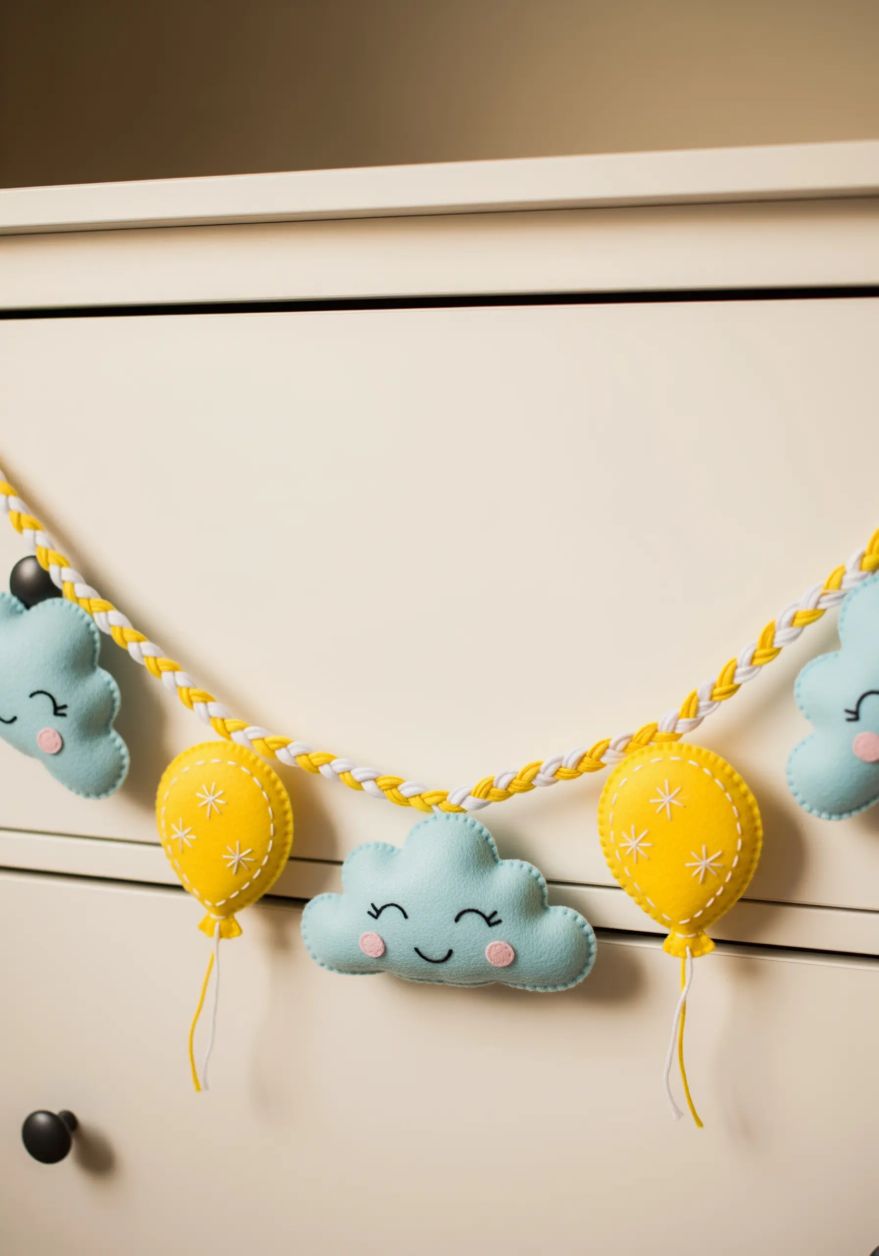 A nursery garland made from hand-stitched, lightly stuffed felt clouds and balloons.