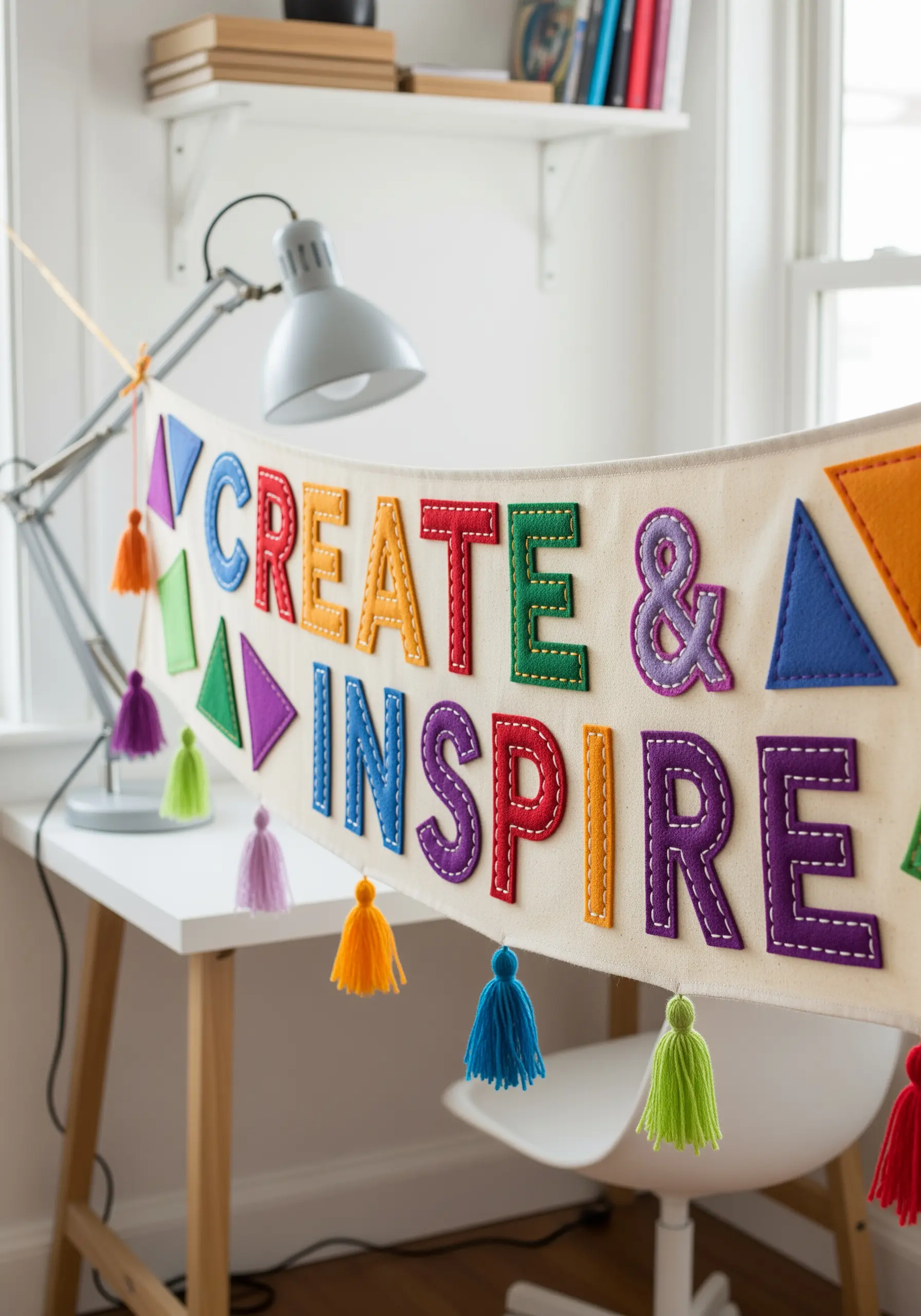 A colorful felt banner with the words 'Create & Inspire' stitched onto a canvas background.