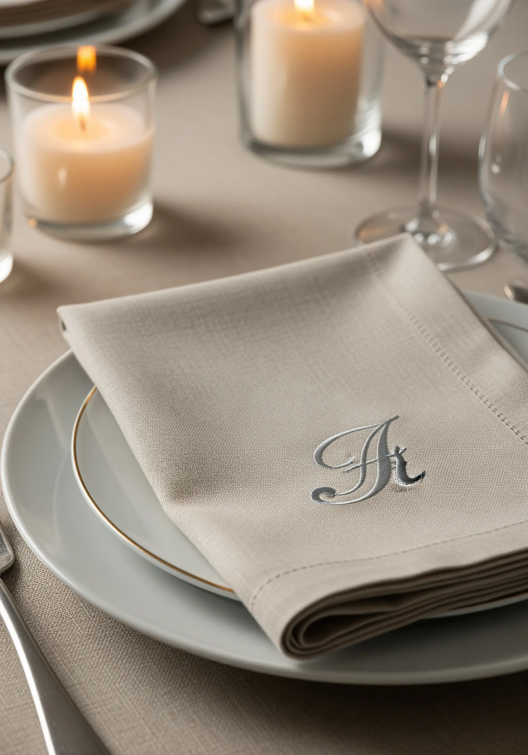 An elegant beige linen napkin with a raised, silver-embroidered monogram initial 'A'.