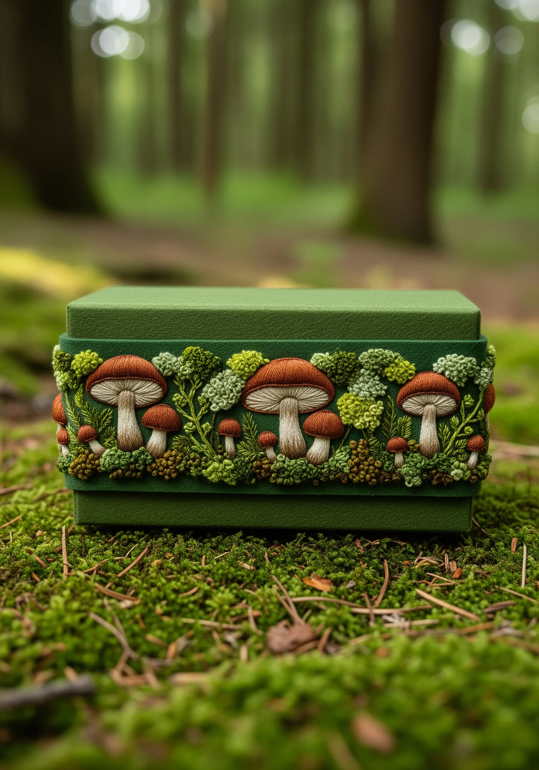 A dimensional embroidered band with red-capped mushrooms and textural French knot moss.