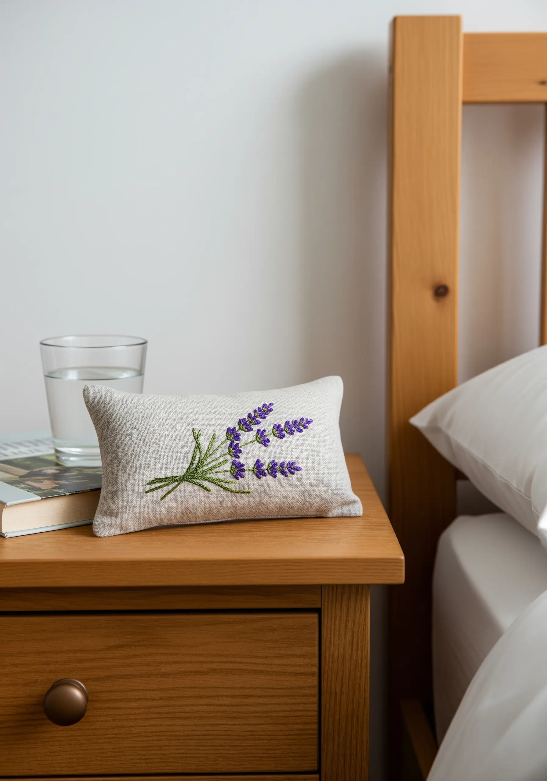 A small rectangular pillow with an embroidered lavender sprig on a nightstand.