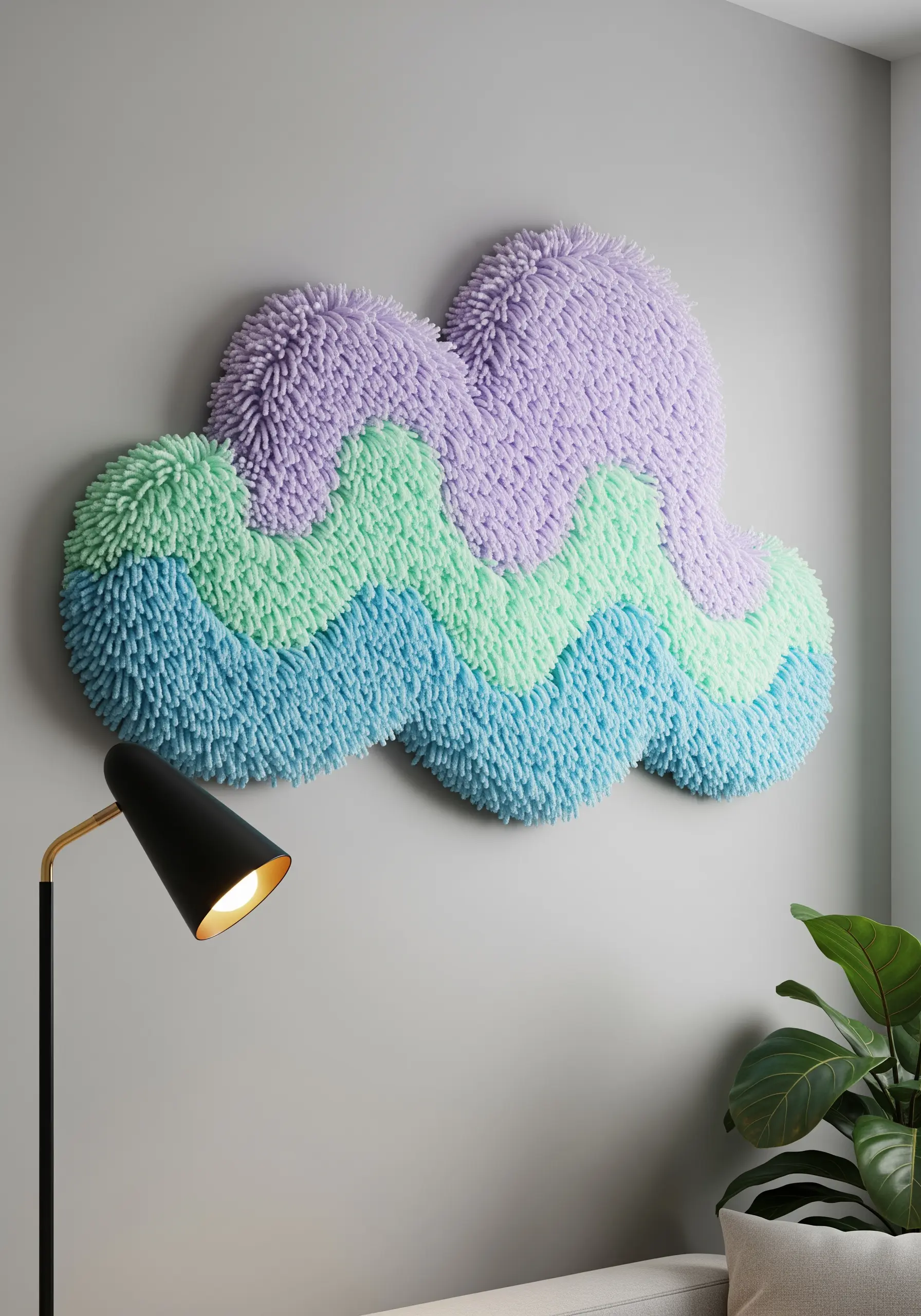 A large, shaggy wall hanging shaped like a cloud in pastel purple, mint, and blue.