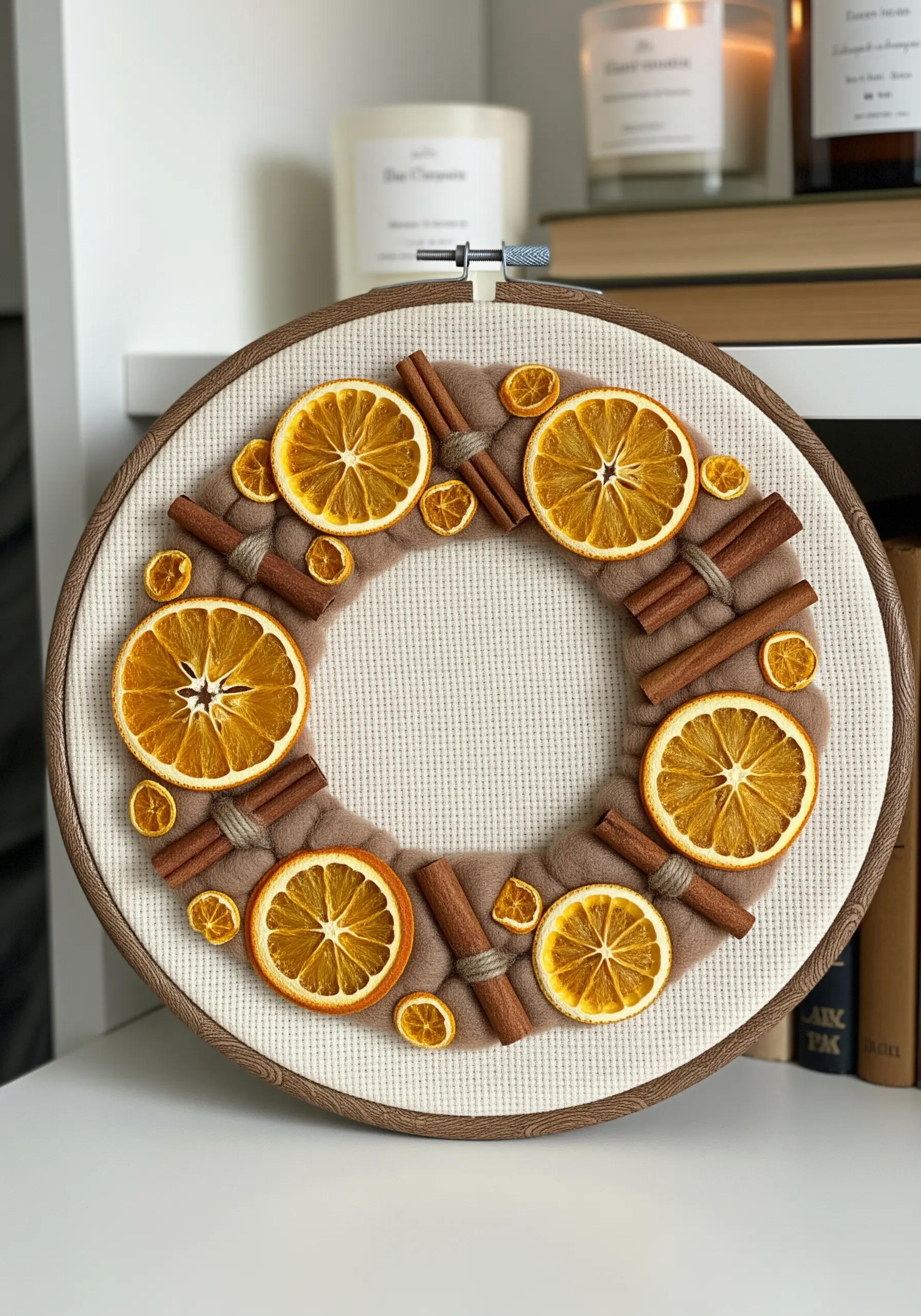 A craft wreath made with real dried orange slices and cinnamon sticks on fabric.