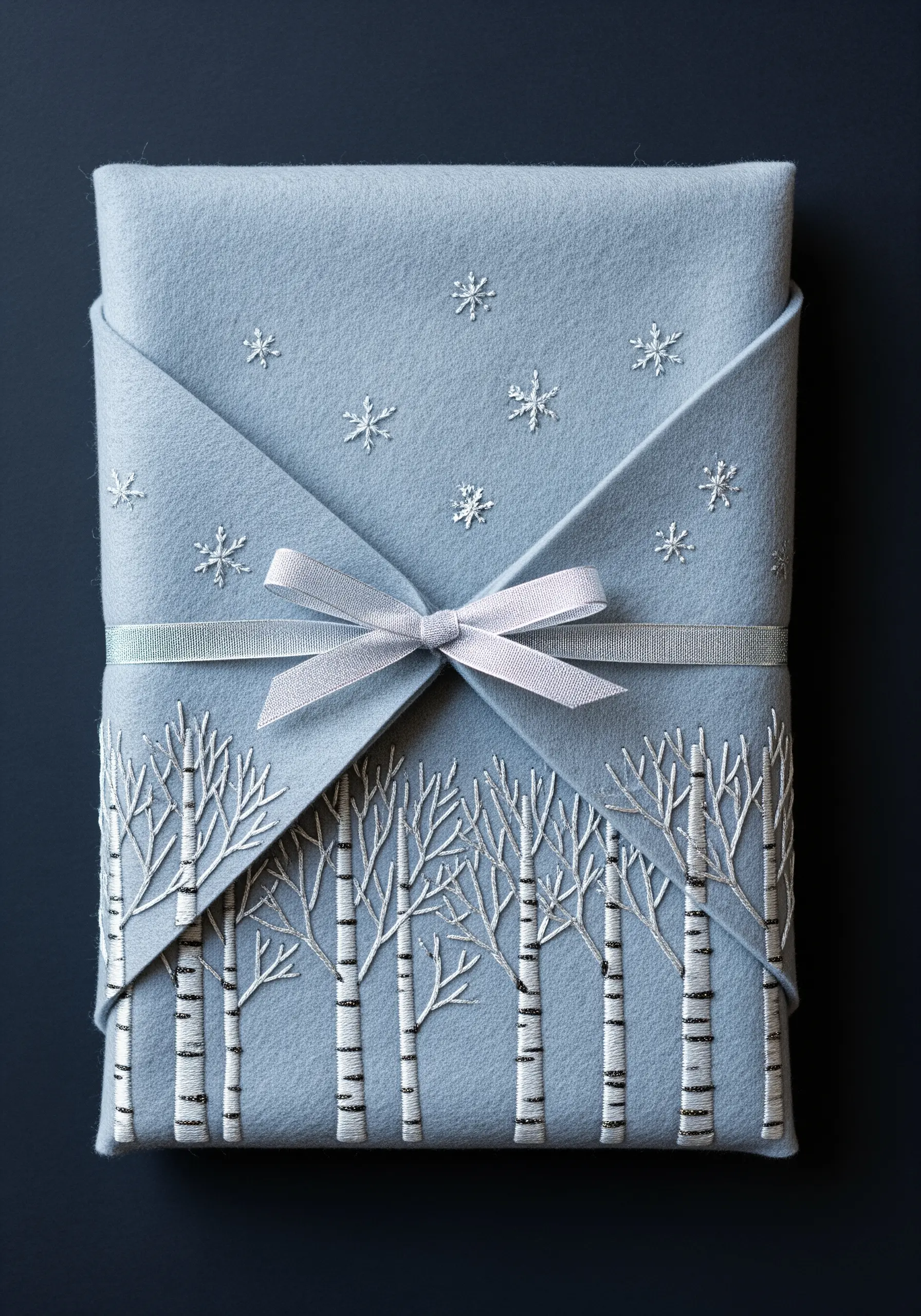 An embroidered winter forest of white birch trees and snowflakes on a pale blue felt wrap.