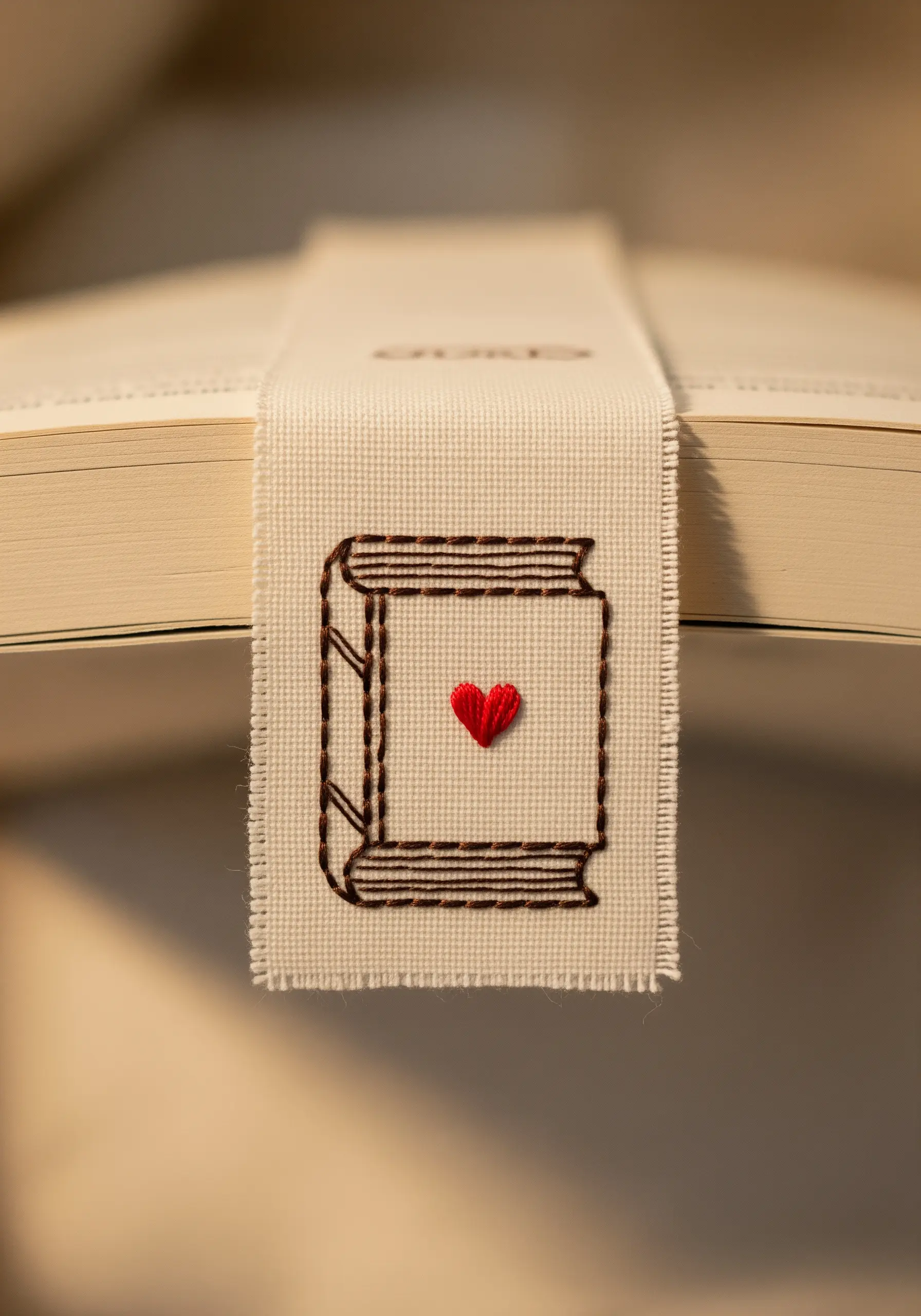An embroidered bookmark with a line-art book and a small red heart.