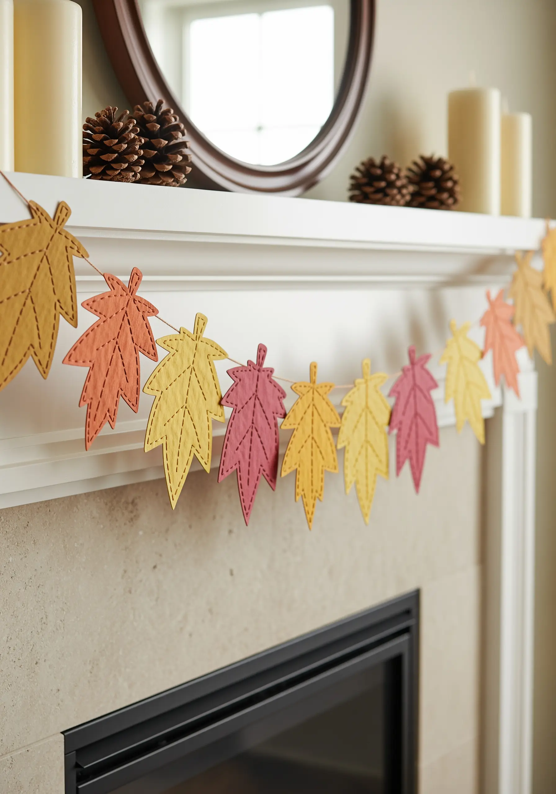 A garland of colorful paper leaves strung together with visible stitching, draped over a mantelpiece.