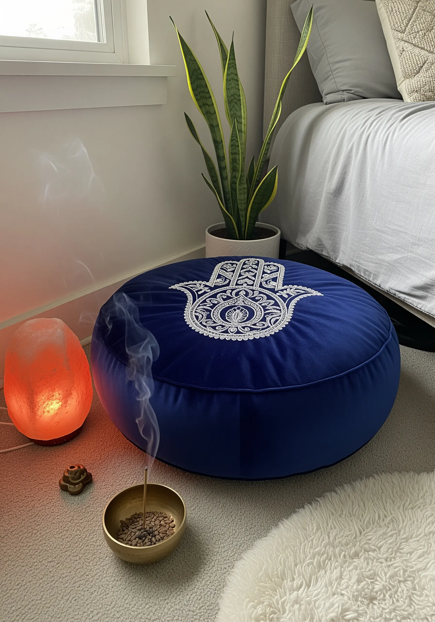 A round, royal blue meditation cushion embroidered with an intricate white Hamsa hand design.