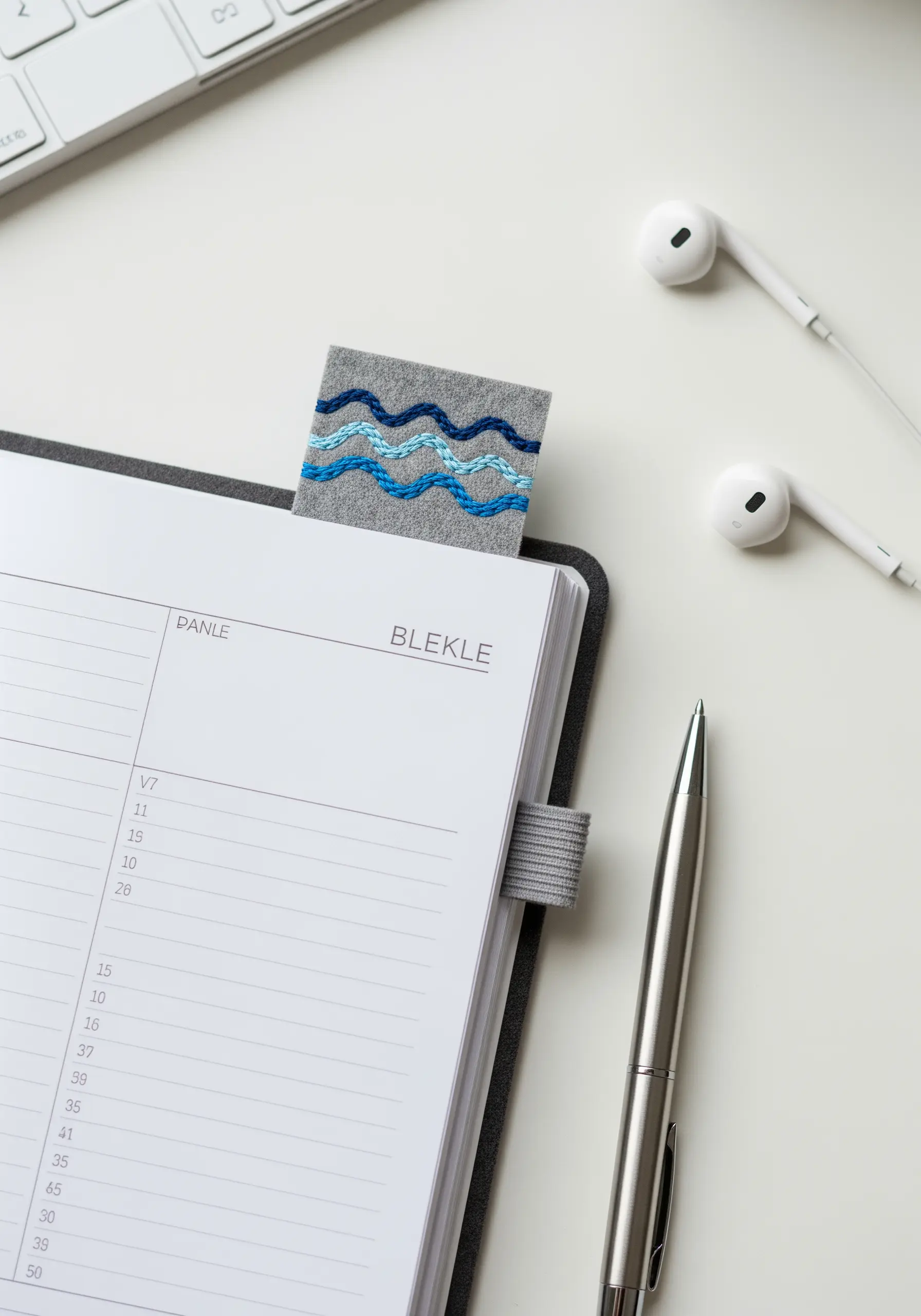 Wavy lines in variegated blue thread stitched onto a grey felt bookmark