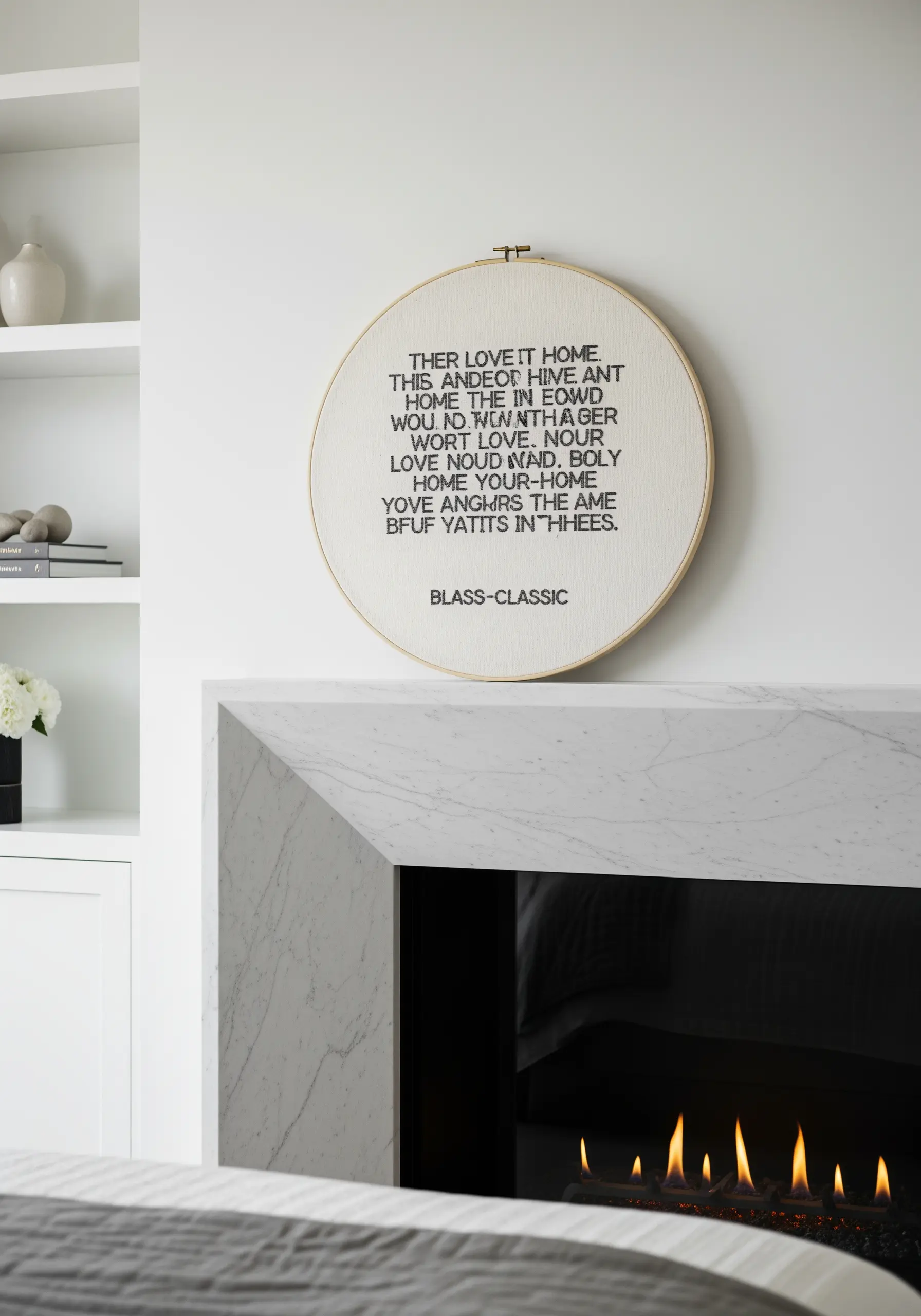 A large block of embroidered text stitched in a clean font on neutral fabric.