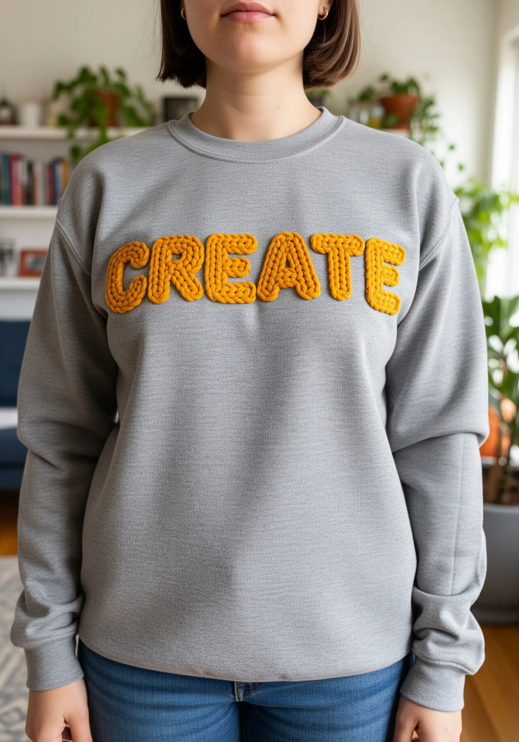 The word 'CREATE' embroidered in a thick, textured yellow chain stitch on a grey sweatshirt.