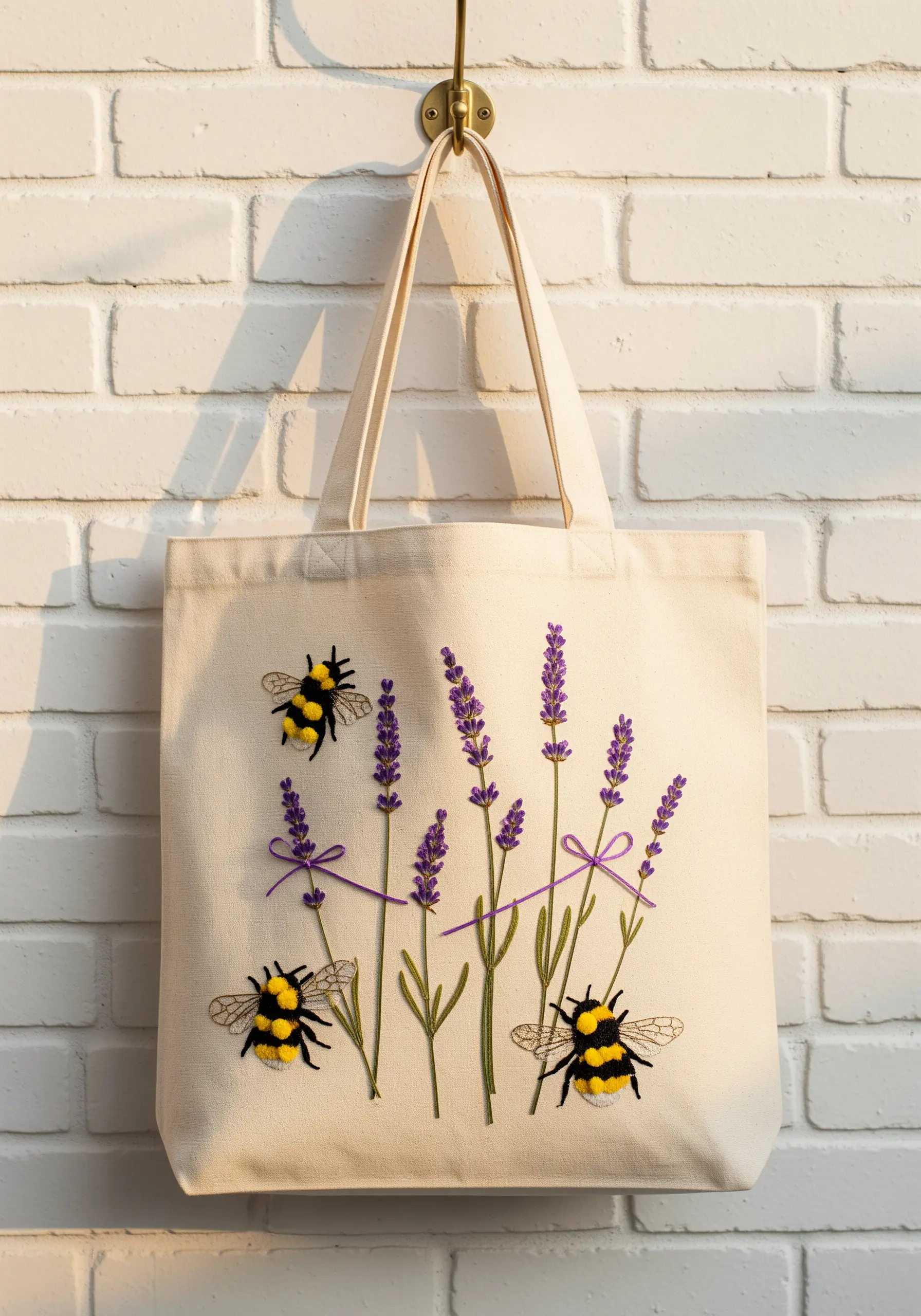 A canvas tote bag embroidered with fuzzy bees, lavender stalks, and a small purple ribbon.