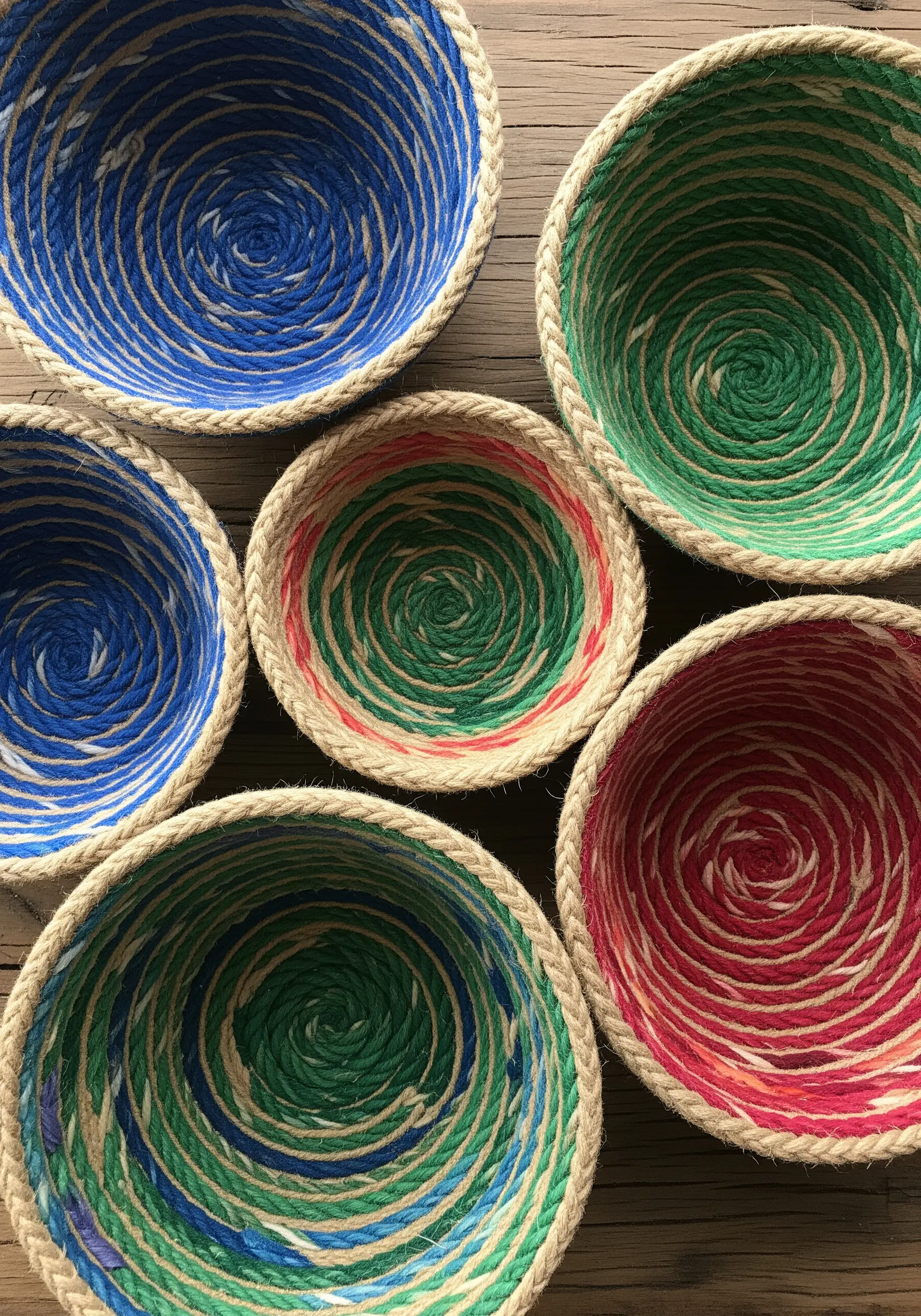 Colorful coiled rope bowls made with thread-wrapping technique.