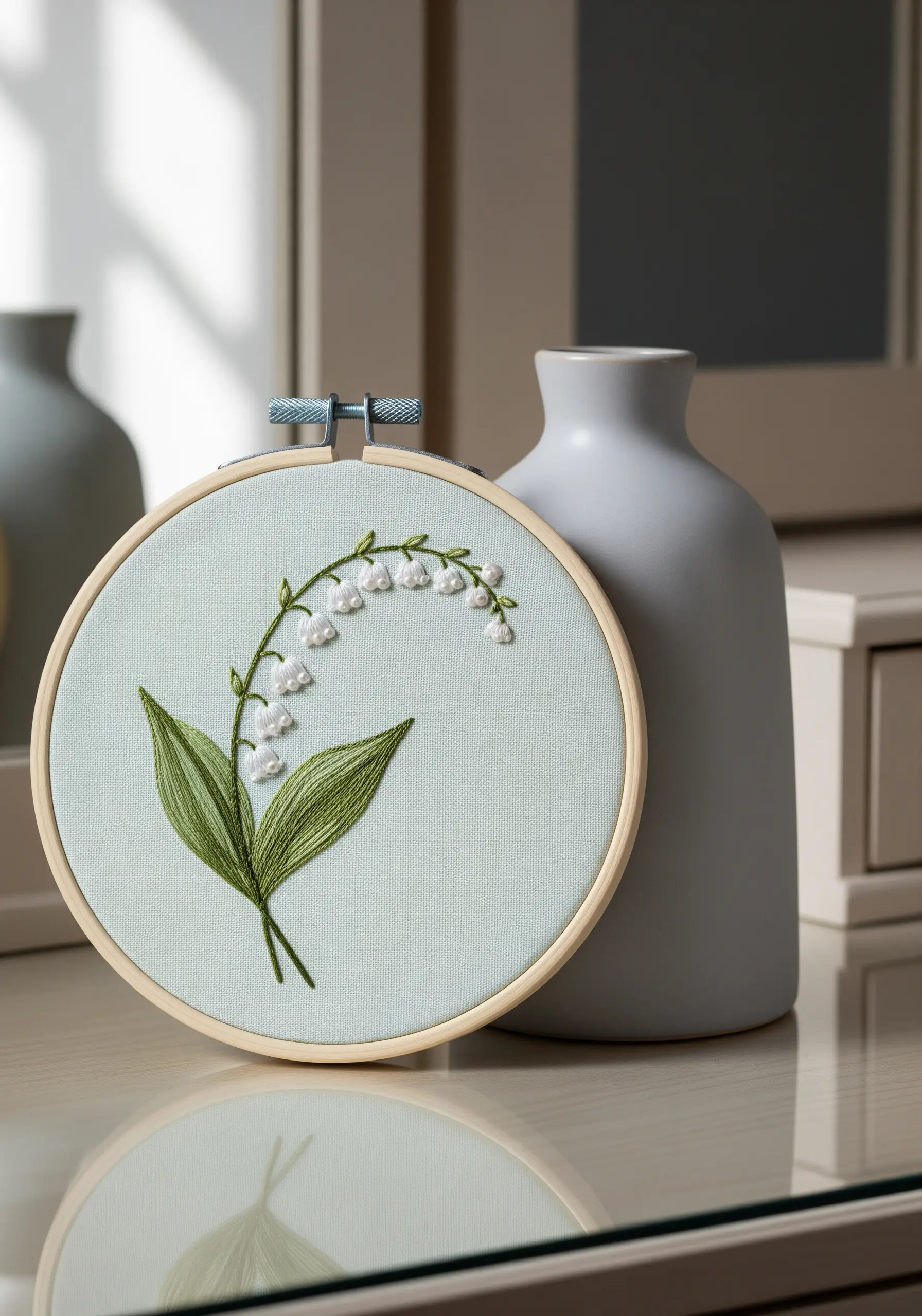 Embroidered Lily of the Valley with white French knot flowers and green satin stitch leaves.