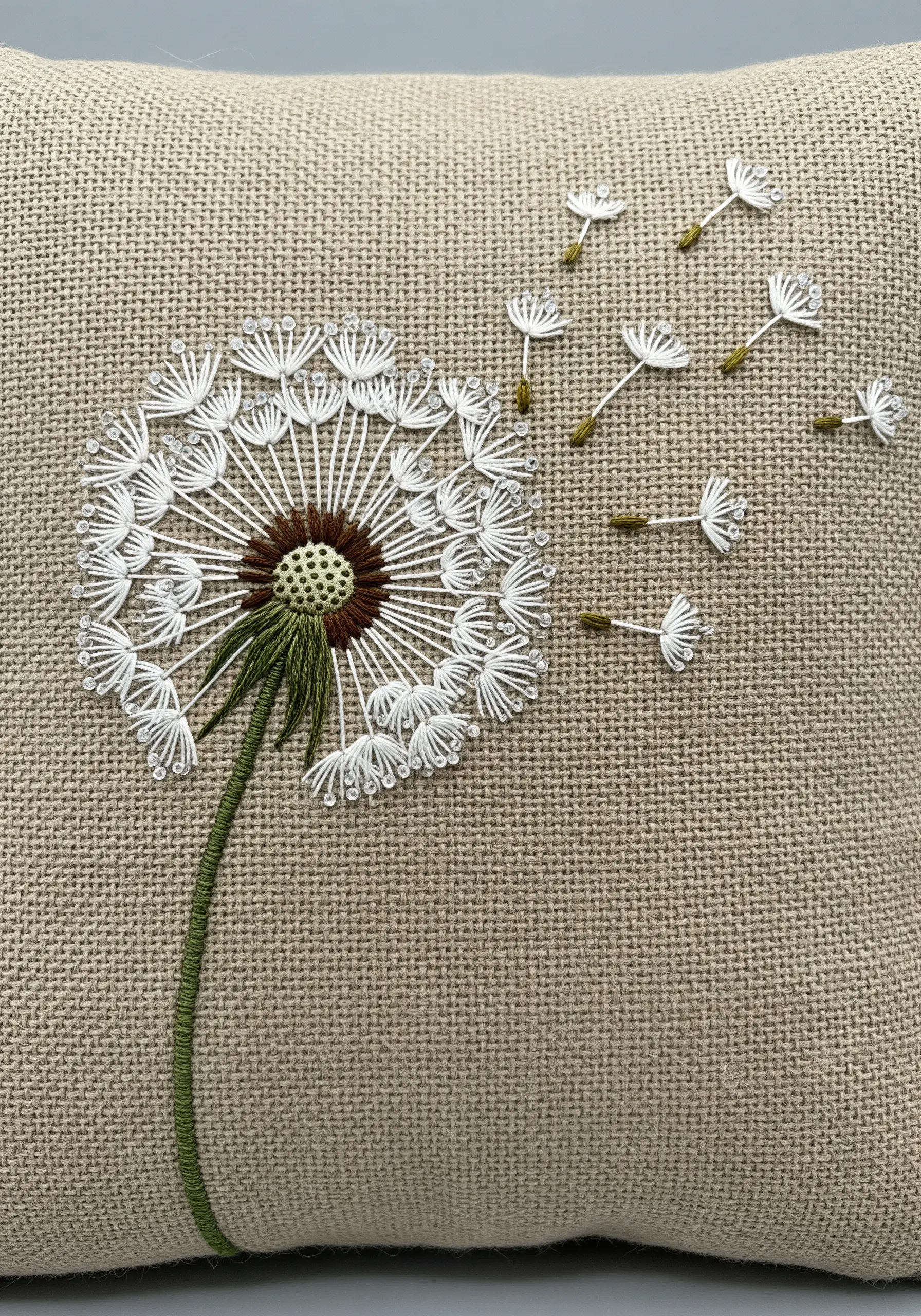 Dandelion embroidery on burlap fabric with tiny white beads on the seed heads for sparkle.