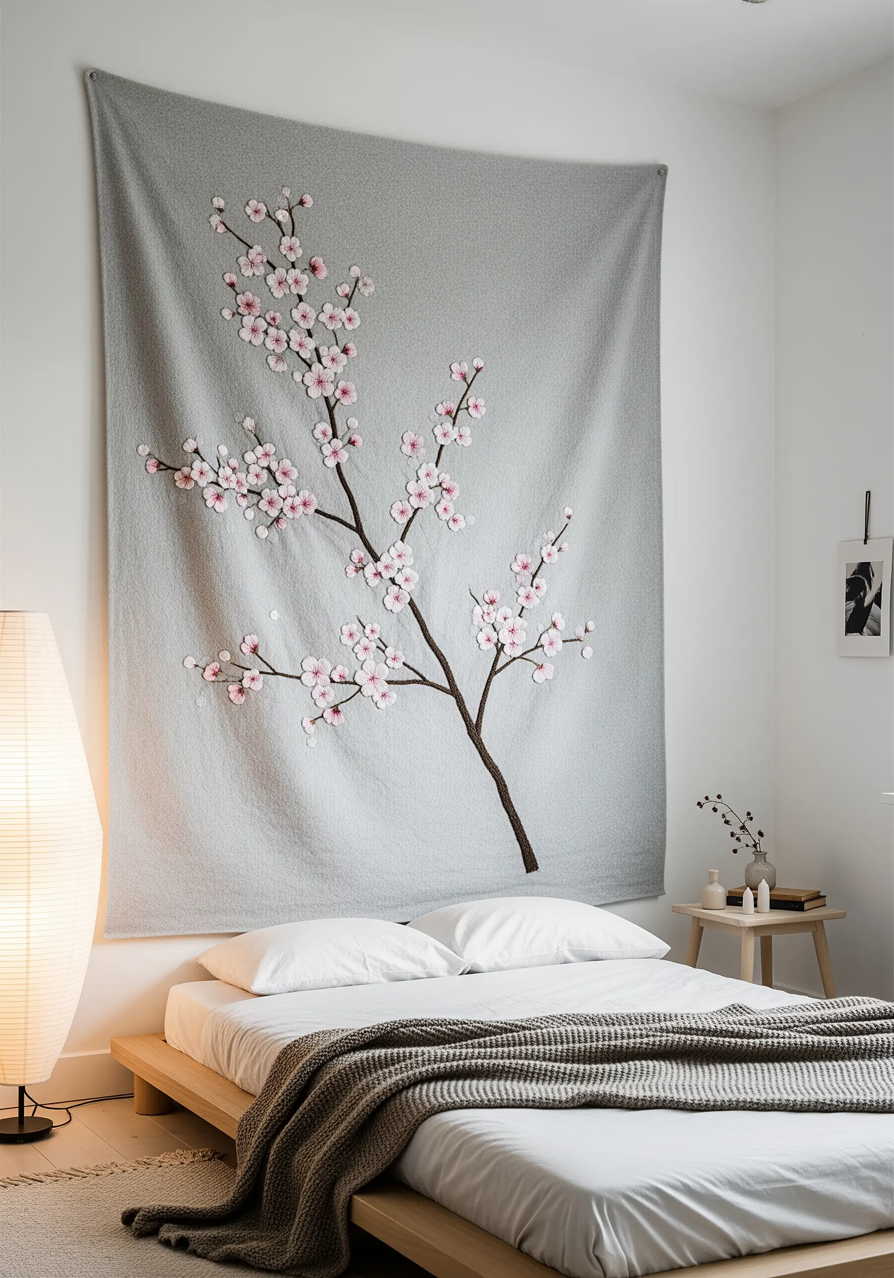 A large grey tapestry with a delicate, 3D embroidered cherry blossom branch above a bed.
