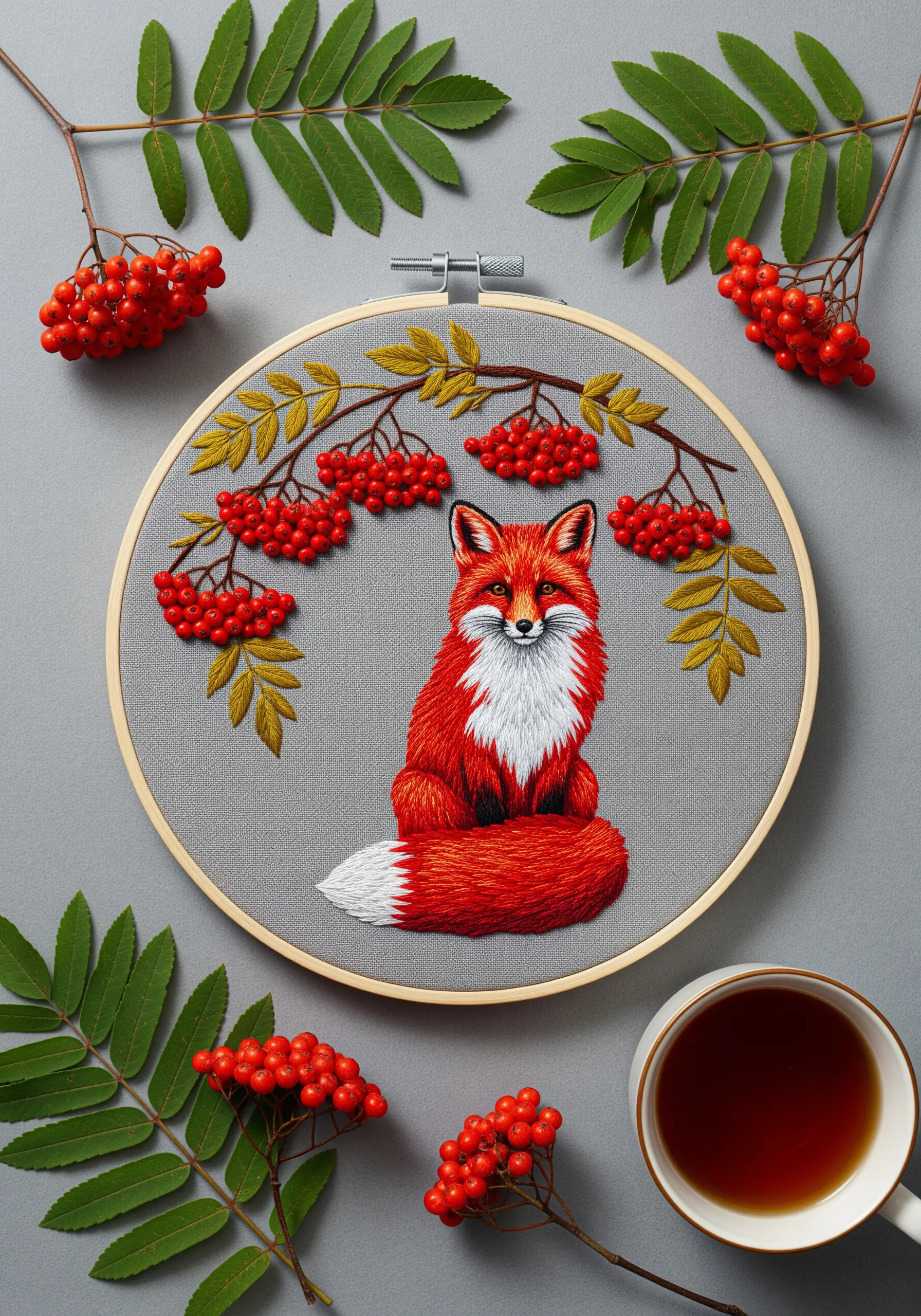 Embroidered fox sitting under a branch of dimensional red rowan berries